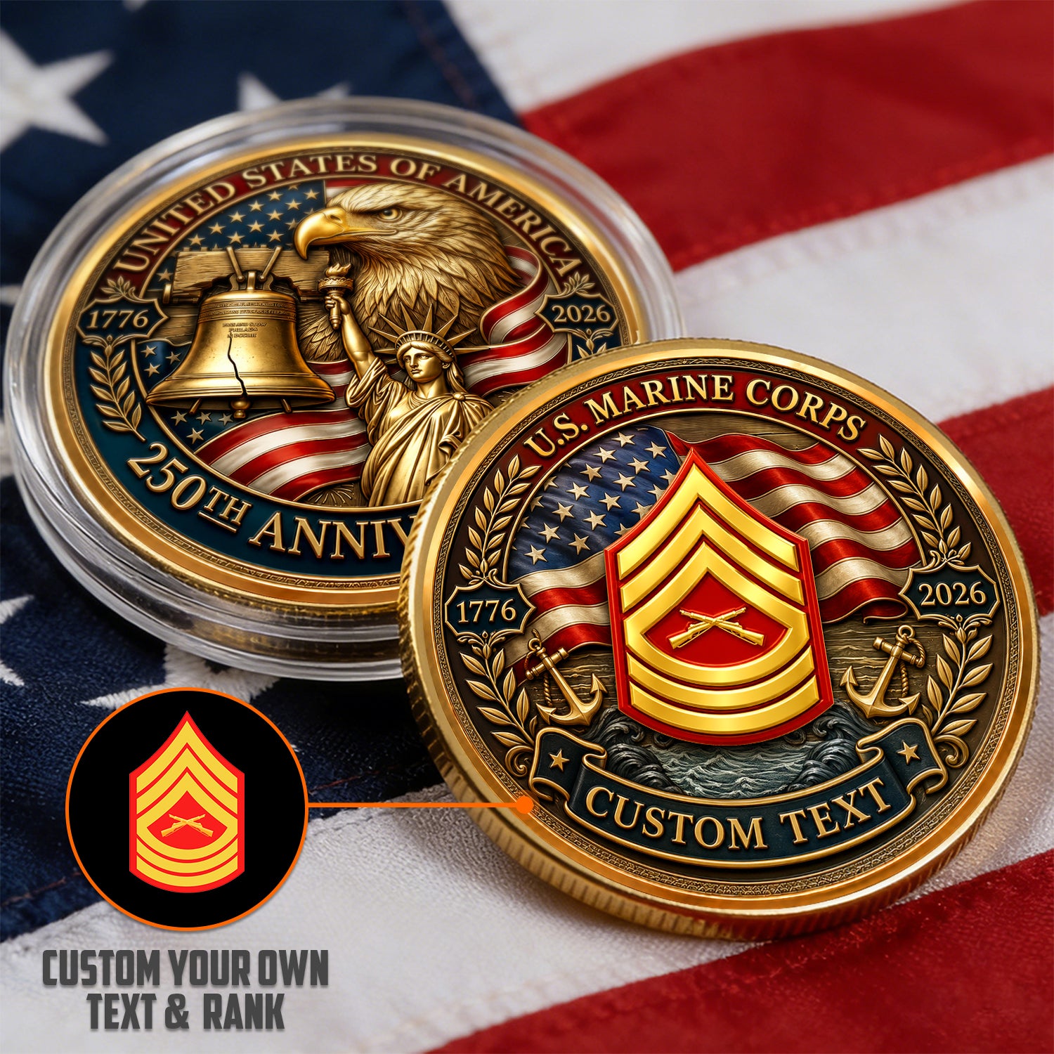 Custom USMC Challenge Coin 1776-2026 Marine Veteran Keepsake