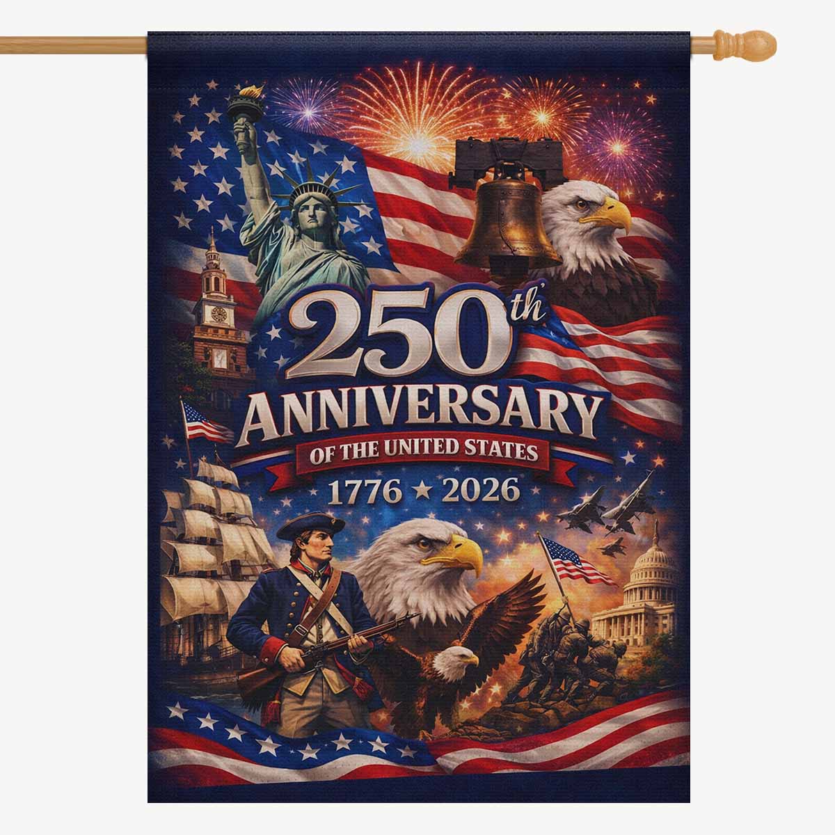 USA 250th Anniversary House Flag Patriotic Eagle Liberty Bell 1776-2026 Independence Banner