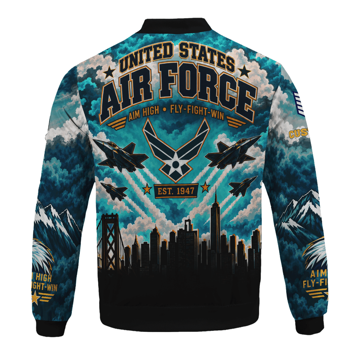Custom USAF Military Jacket Personalized Airman Rank Text All-Over Print Bomber