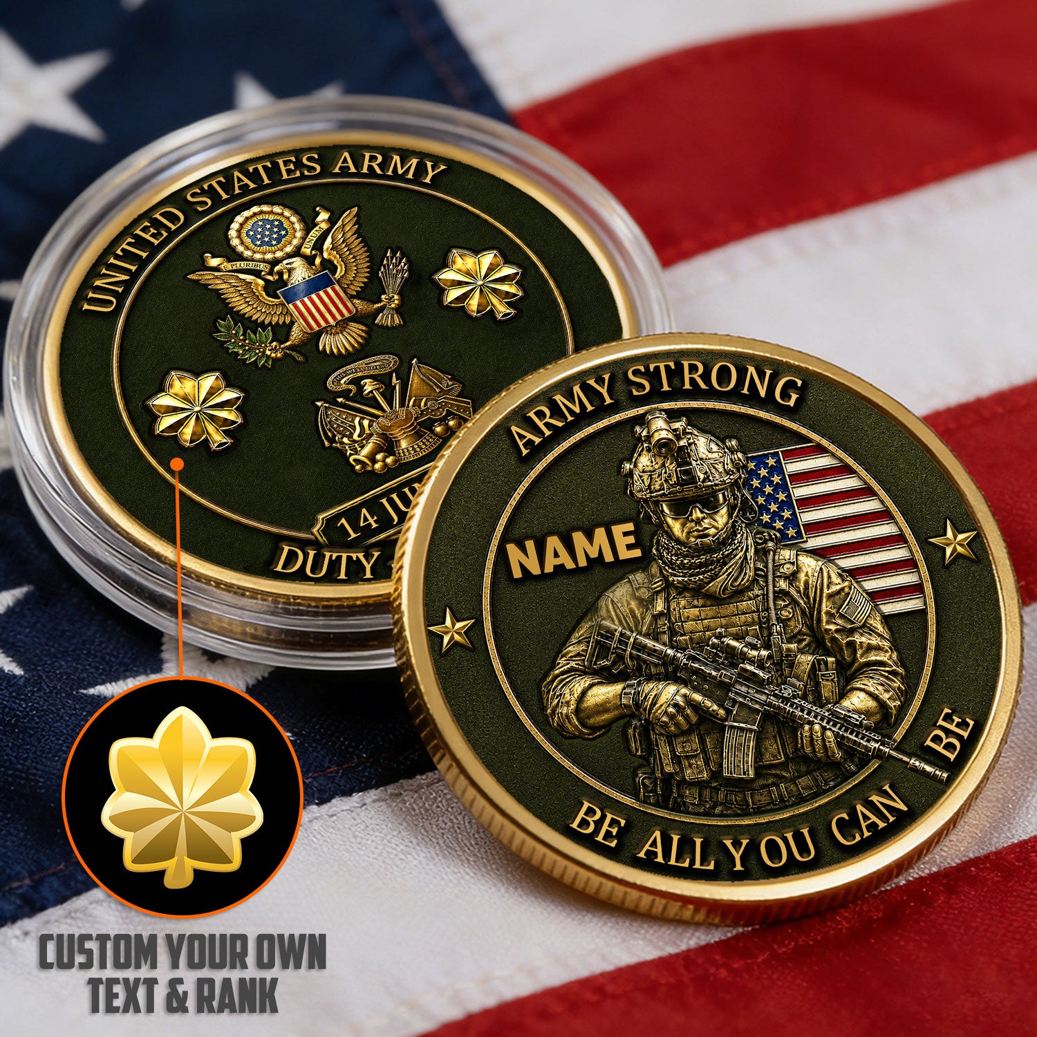 Army Veteran Personalized Text Rank 3D Challenge Coin