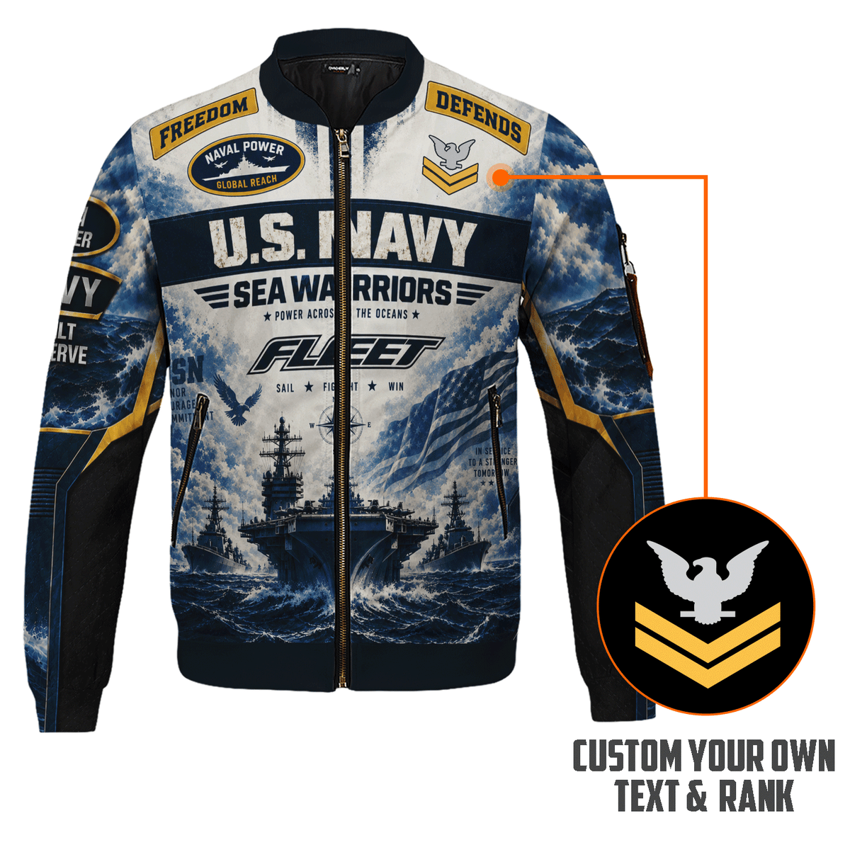 Custom U.S. Navy Military Bomber Jacket with Personalized Rank Text