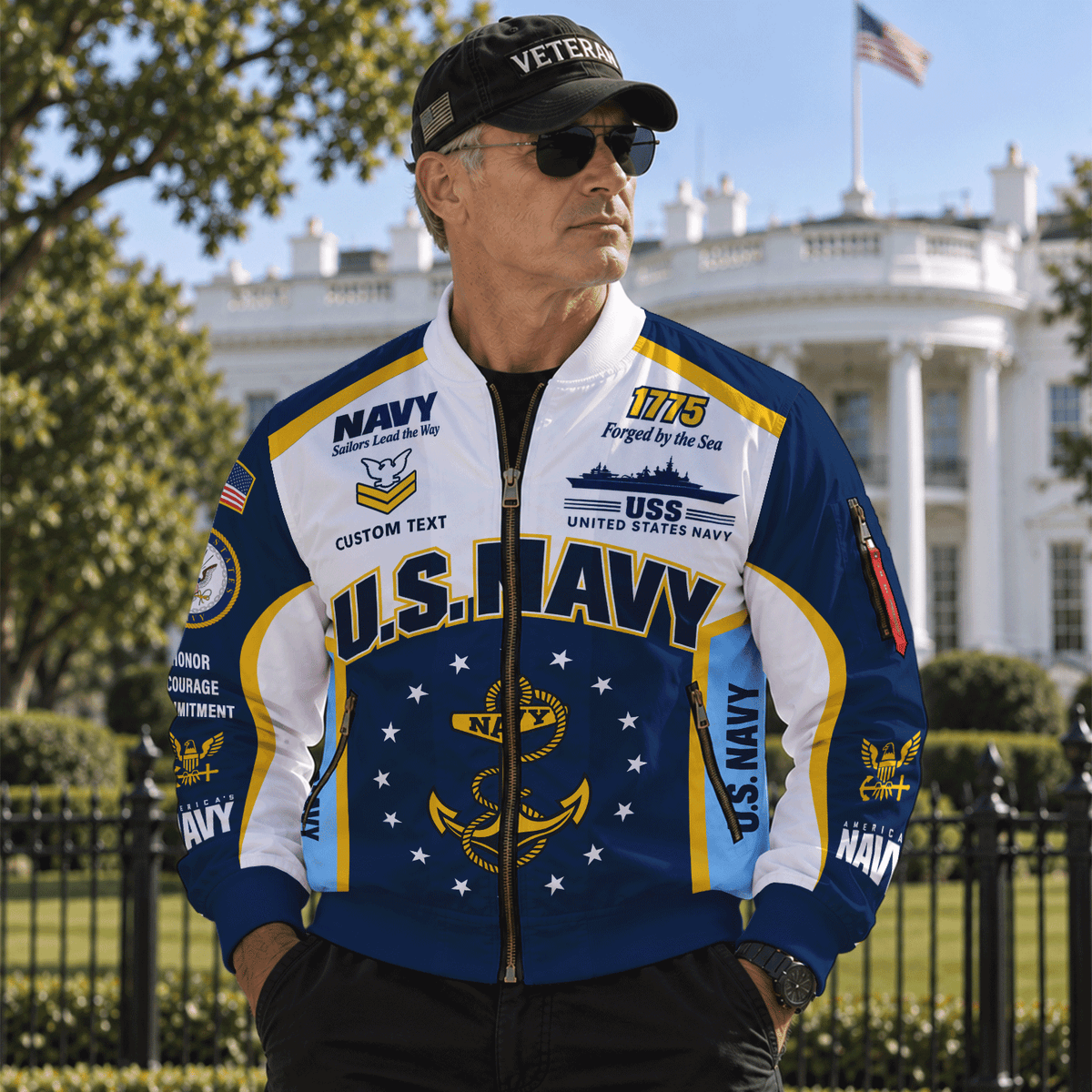 US Navy Sailor Veteran Bomber Jacket Custom Name Rank Personalized Apparel