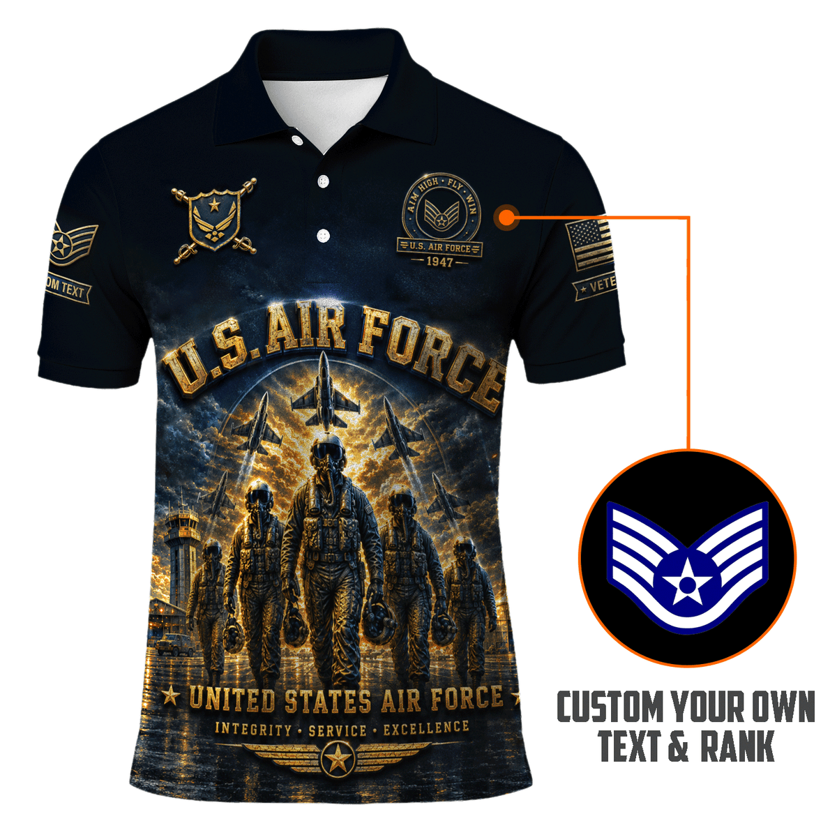 US Air Force Personalized Military Rank All Over Print Polo Shirt