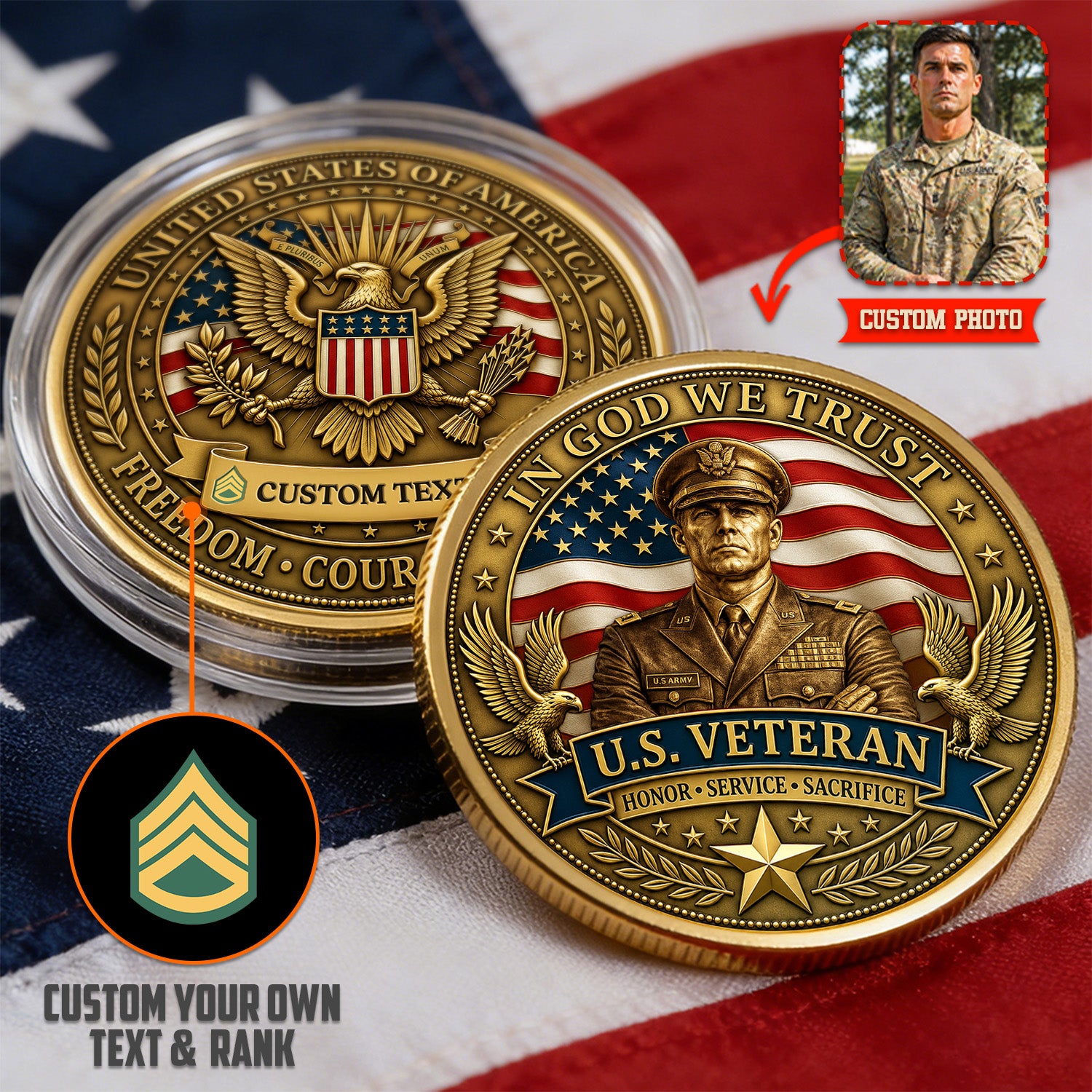 Army Veteran Custom Photo Rank Name 3D Challenge Coin Gift