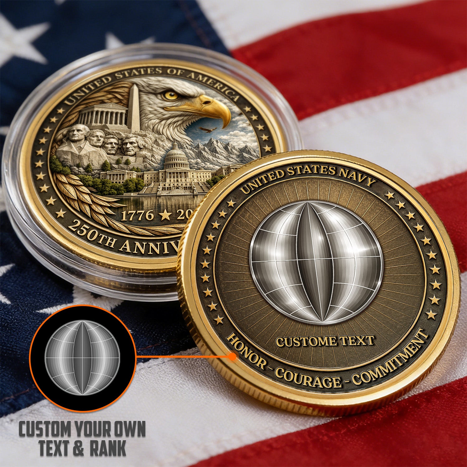 US Navy Personalized 250th USA 3D Challenge Coin