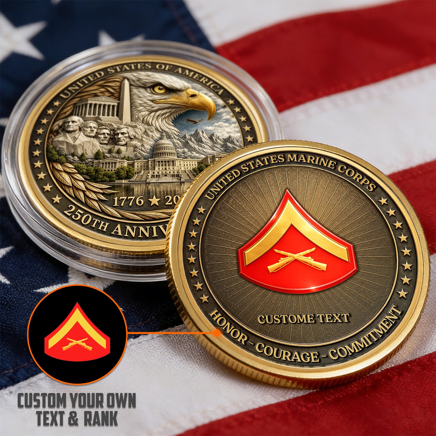 USMC Custom Rank Name 250th USA 3D Challenge Coin for Veterans