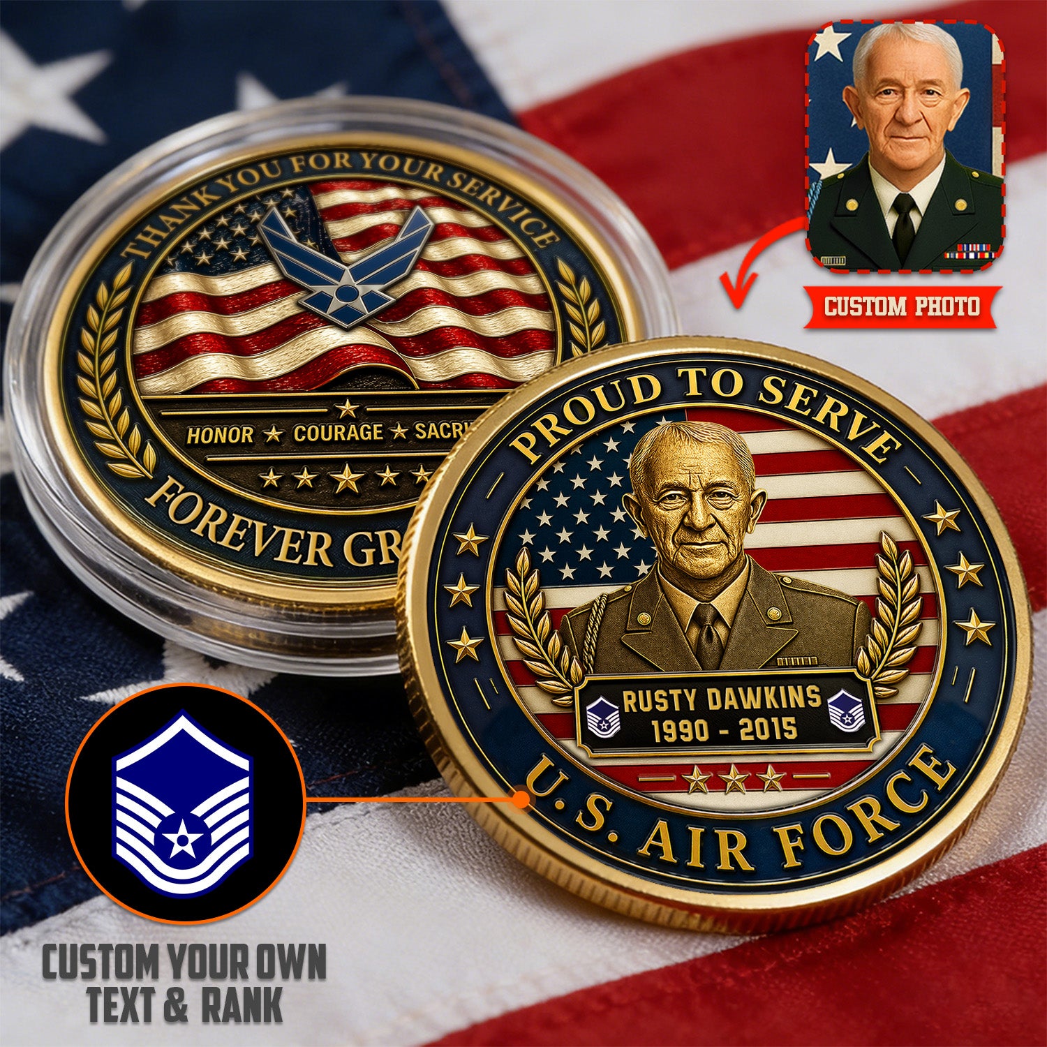 Personalized USAF Coin Custom Photo Rank Name Gift