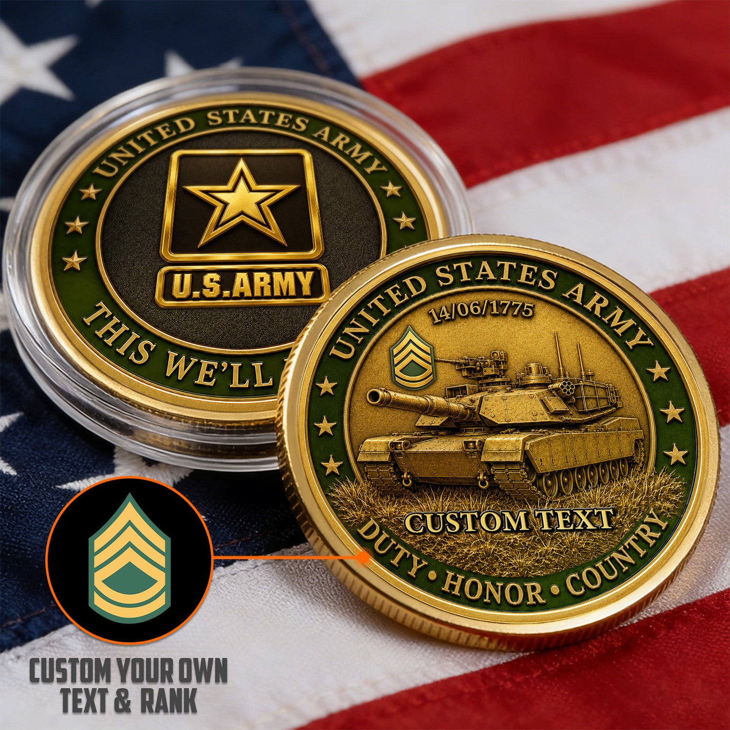 Personalized US Army Leadership Rank 3D Challenge Coin