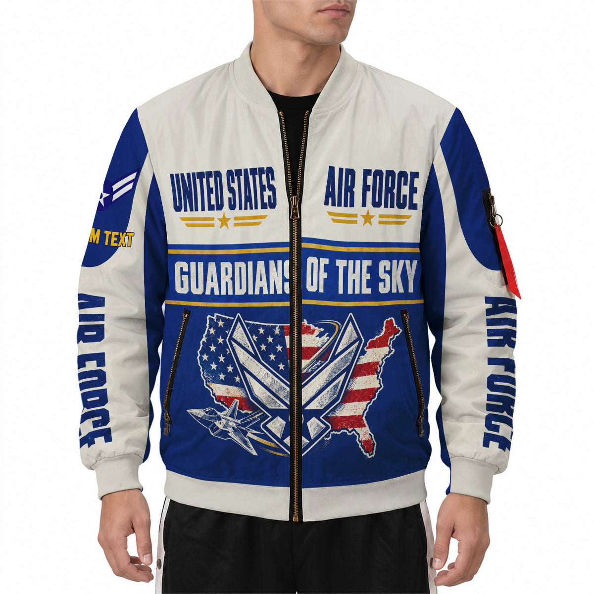 Personalized USAF Airman Bomber Jacket Custom Rank Text Military Veteran Gift