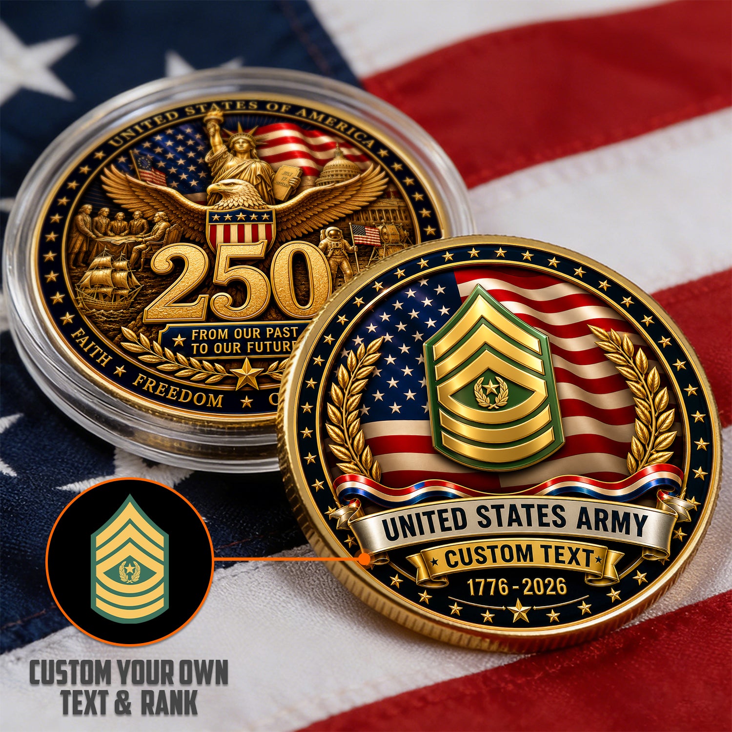 Personalized United States Army Rank Challenge Coin 1776-2026 Anniversary Gift