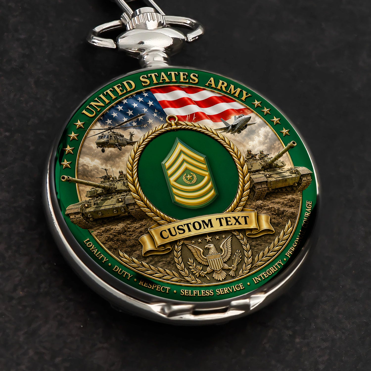Personalized US Army 250 Years Pocket Watch Custom Rank and Text