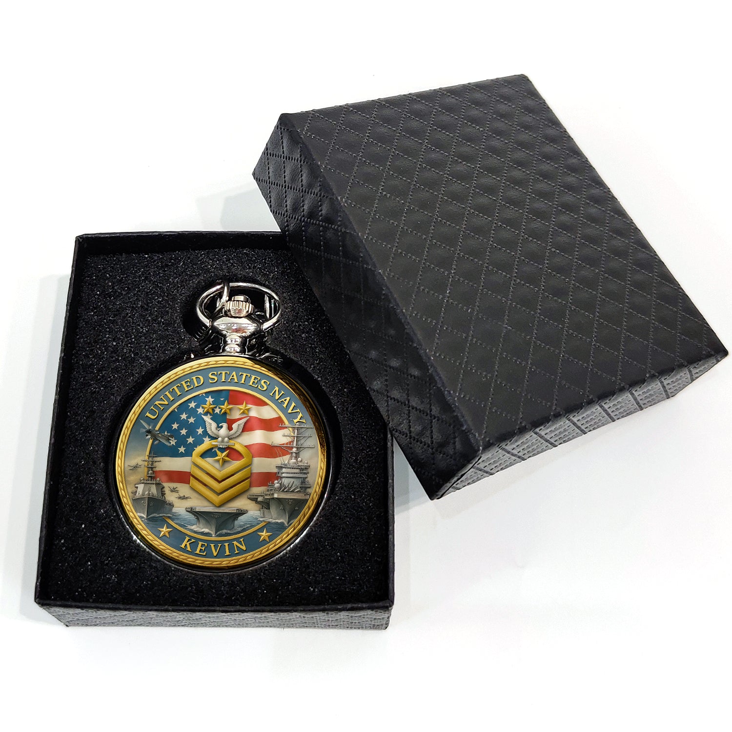Personalized US Navy 250th Anniversary Custom Ranks/Insignia And Text Round Pocket Watch