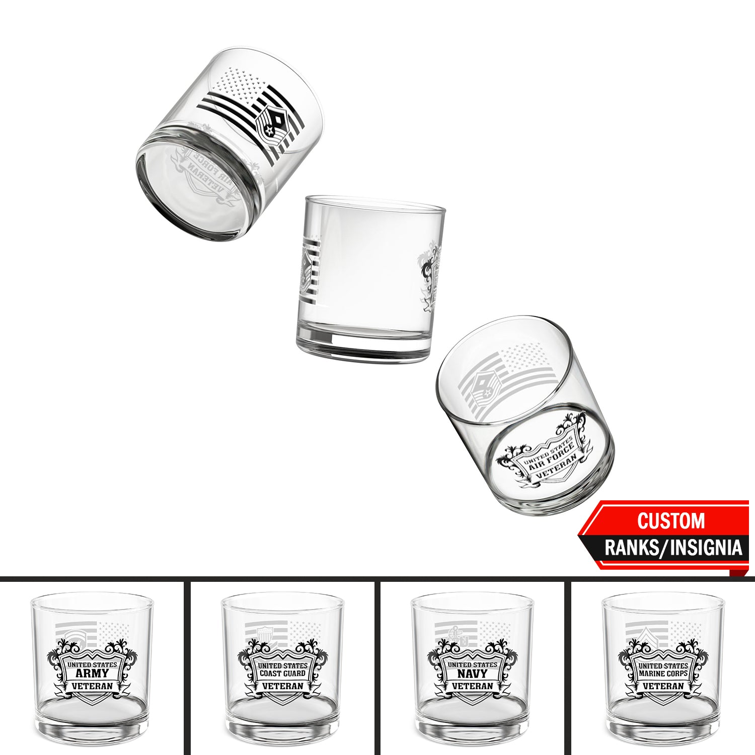 Custom US Military Ranks/Insignia JRGL01 Patriotic Eagle Rocks Glass - 10oz