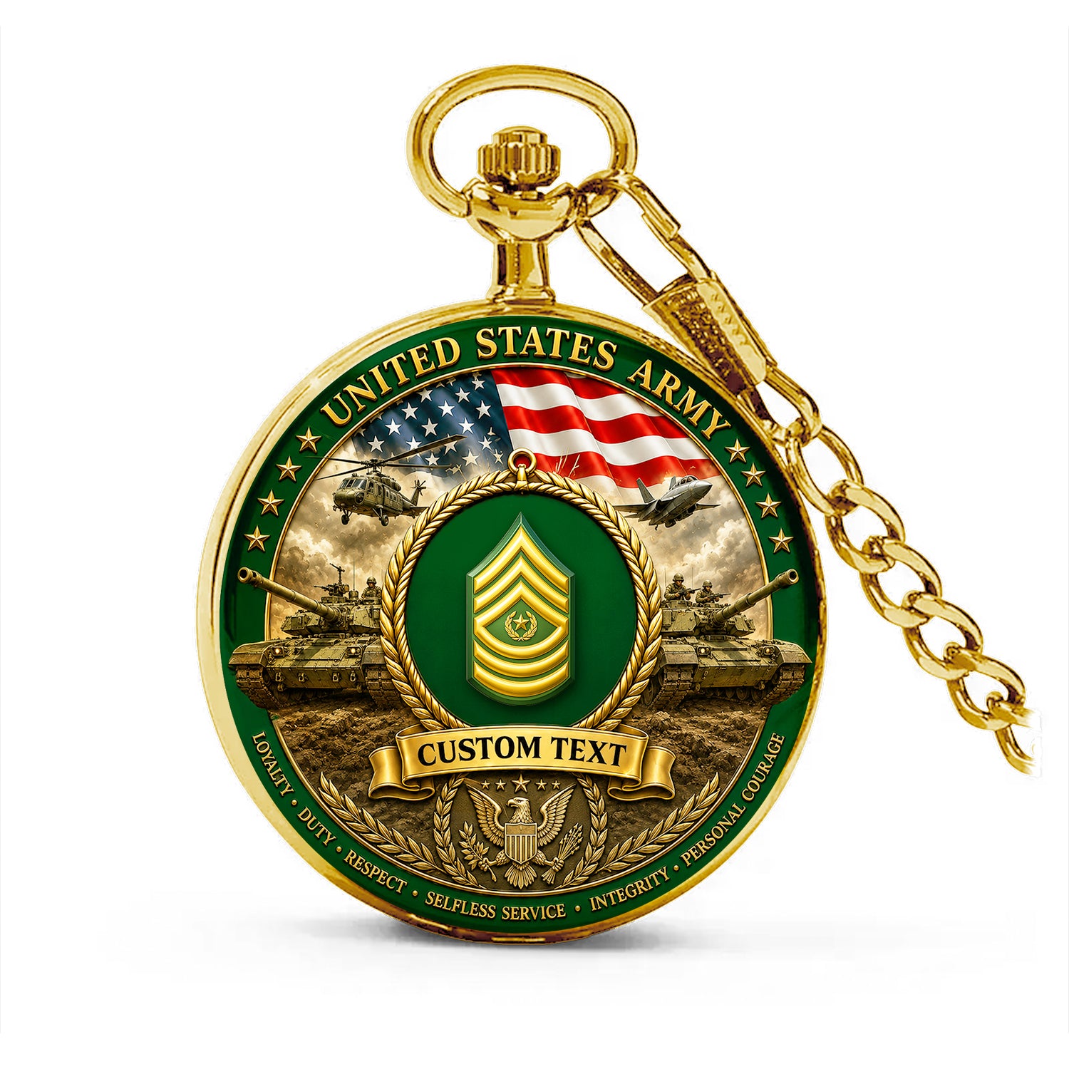 Personalized US Army 250 Years Pocket Watch Custom Rank and Text