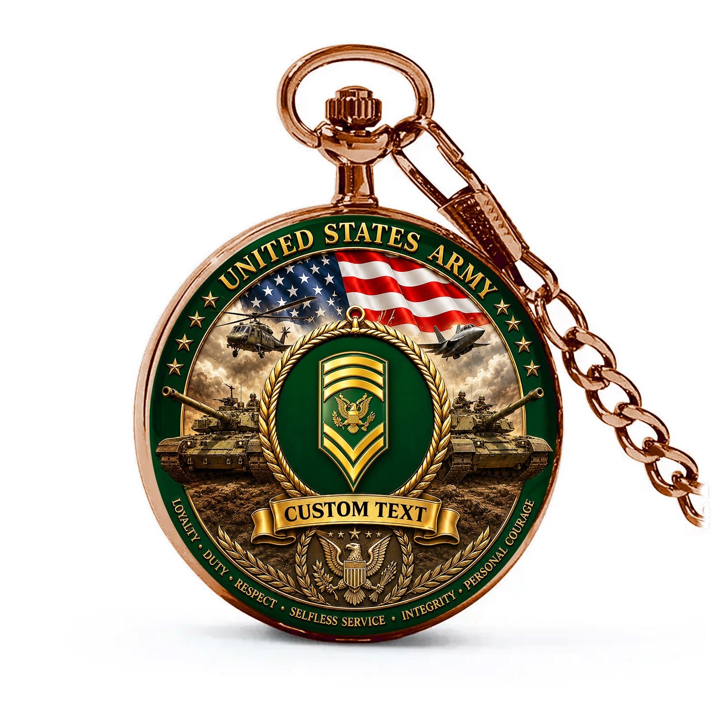 Personalized US Army 250 Years Pocket Watch Custom Rank and Text