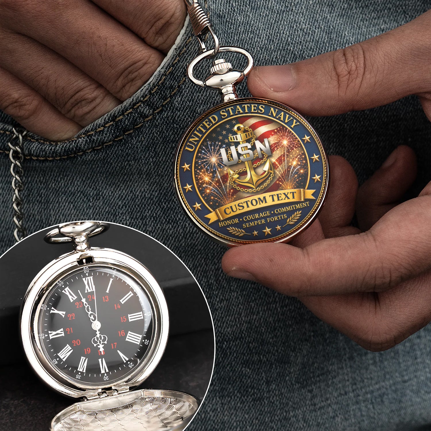 Personalized US Navy Rank Pocket Watch Retirement Keepsake