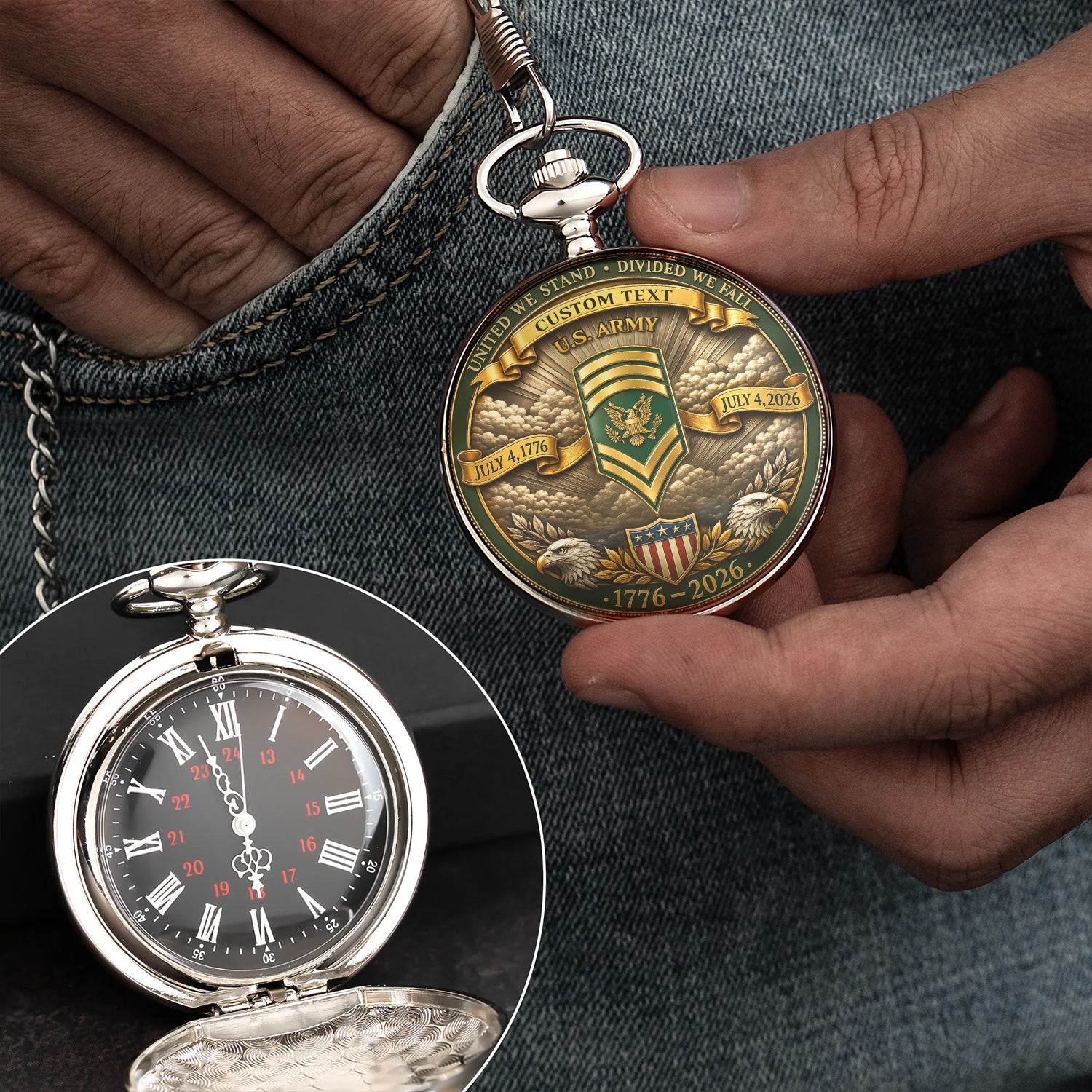 US Army Patriotic Pocket Watch Personalized Rank Name Gift