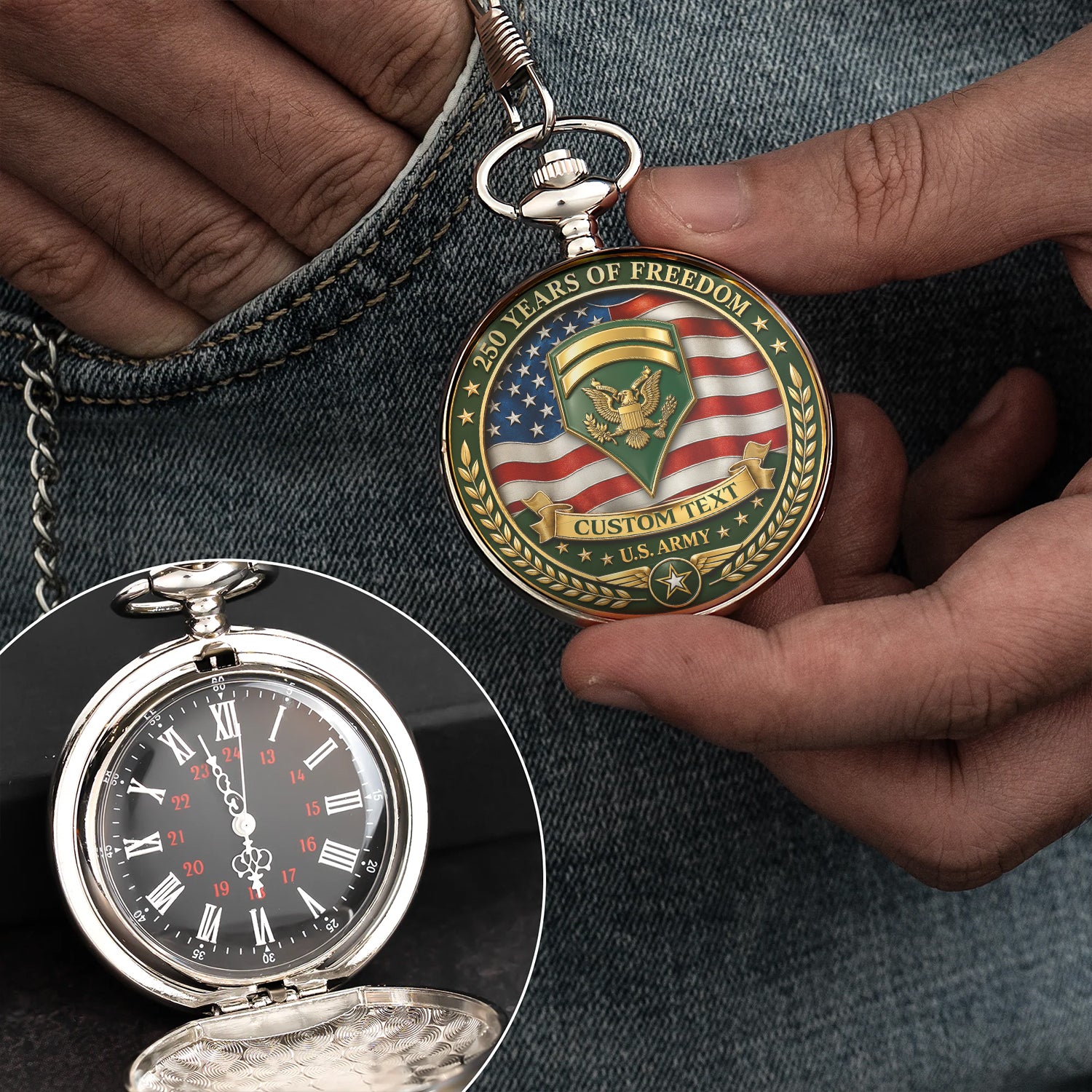 US Army 250th Anniversary Pocket Watch Custom Rank Name Veteran Gift