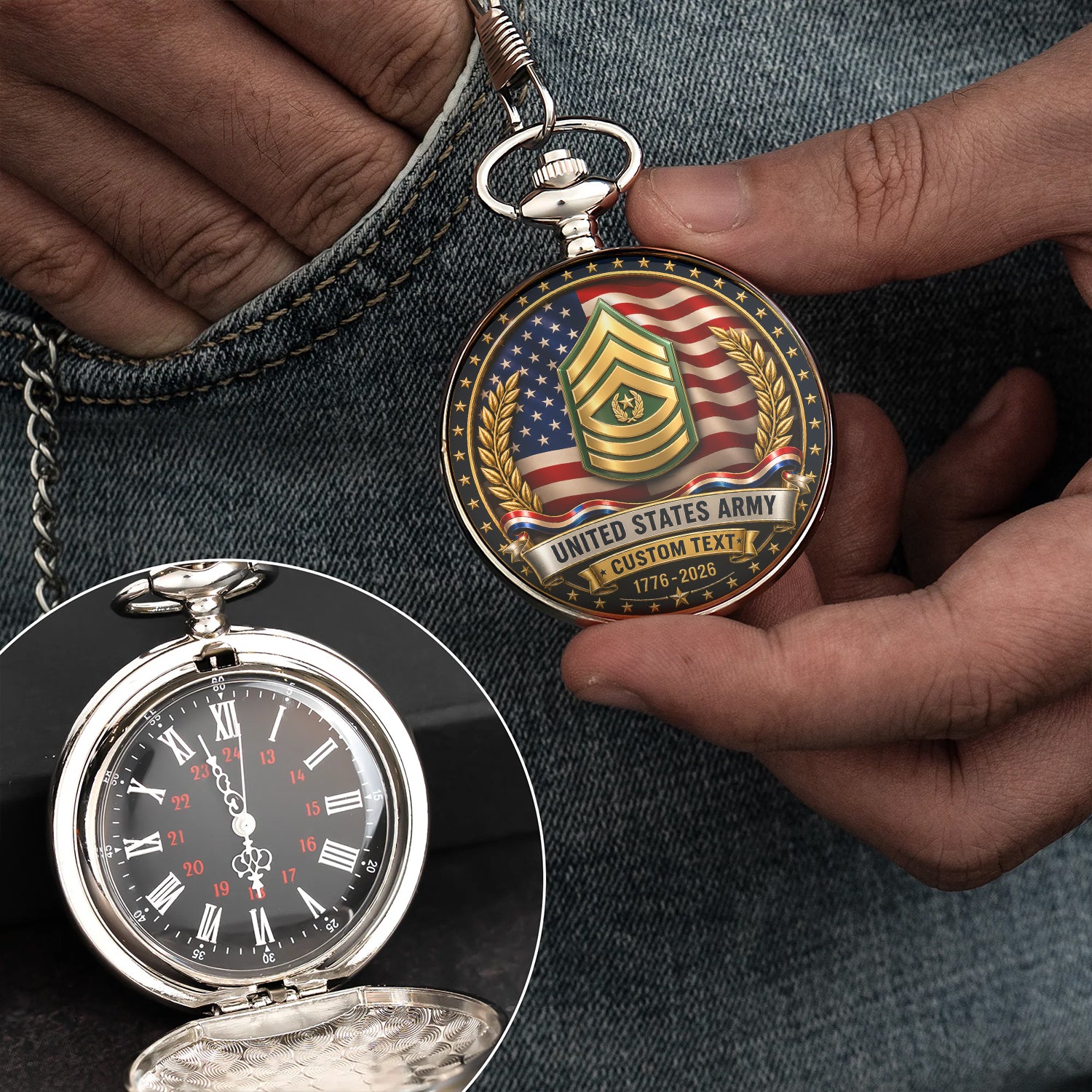 US Army 250th Anniversary Custom Text Pocket Watch