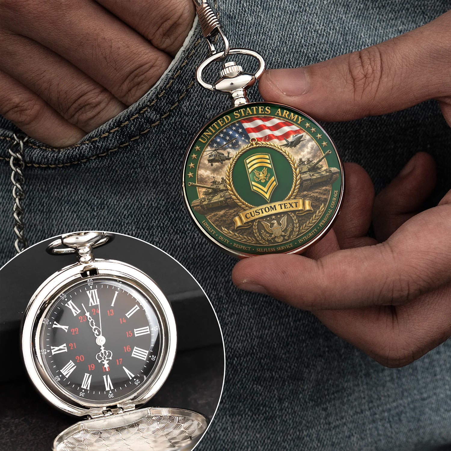 Personalized US Army 250 Years Pocket Watch Custom Rank and Text