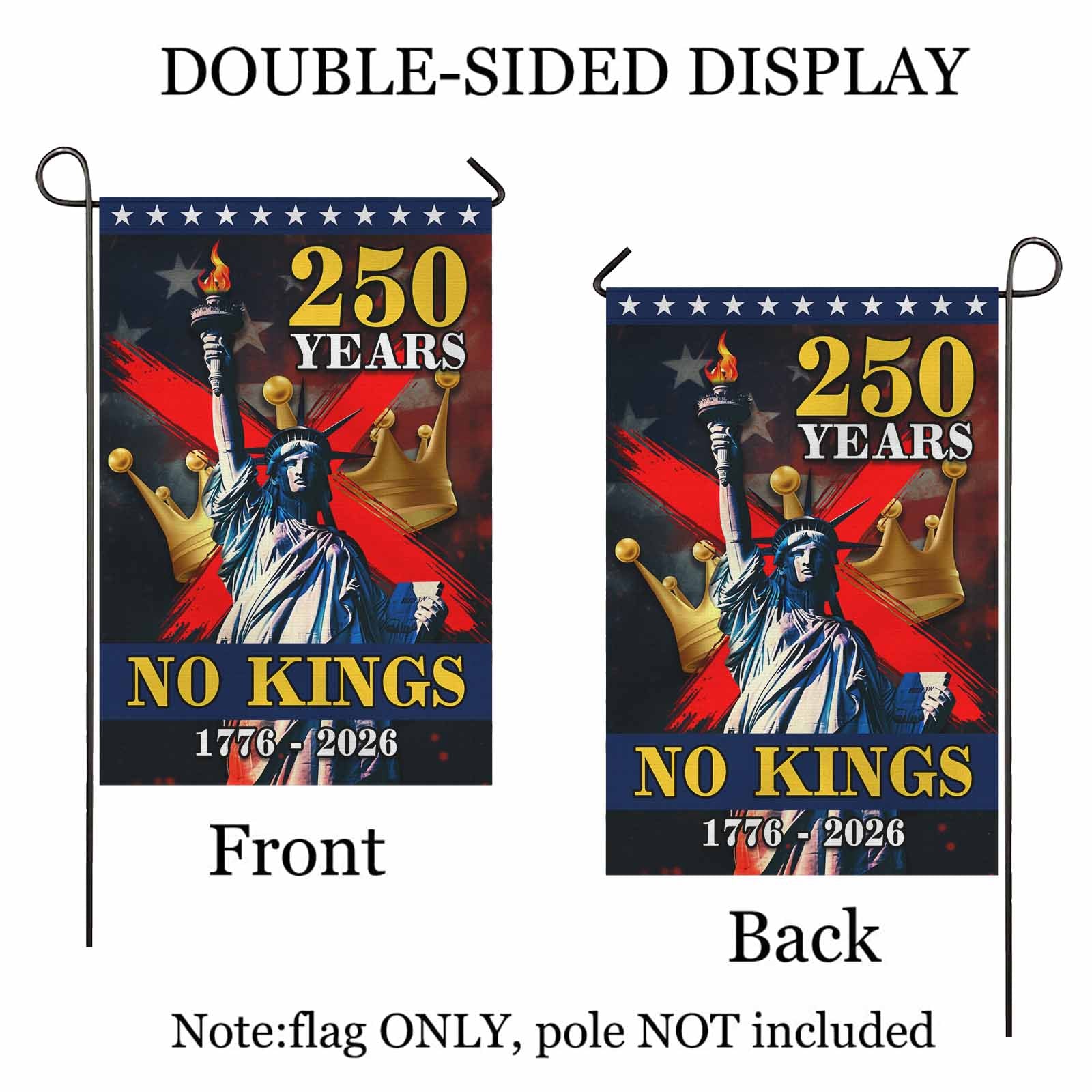 No Kings 250 Years Garden Flag Patriotic Statue of Liberty USA 1776-2026 Independence Decor