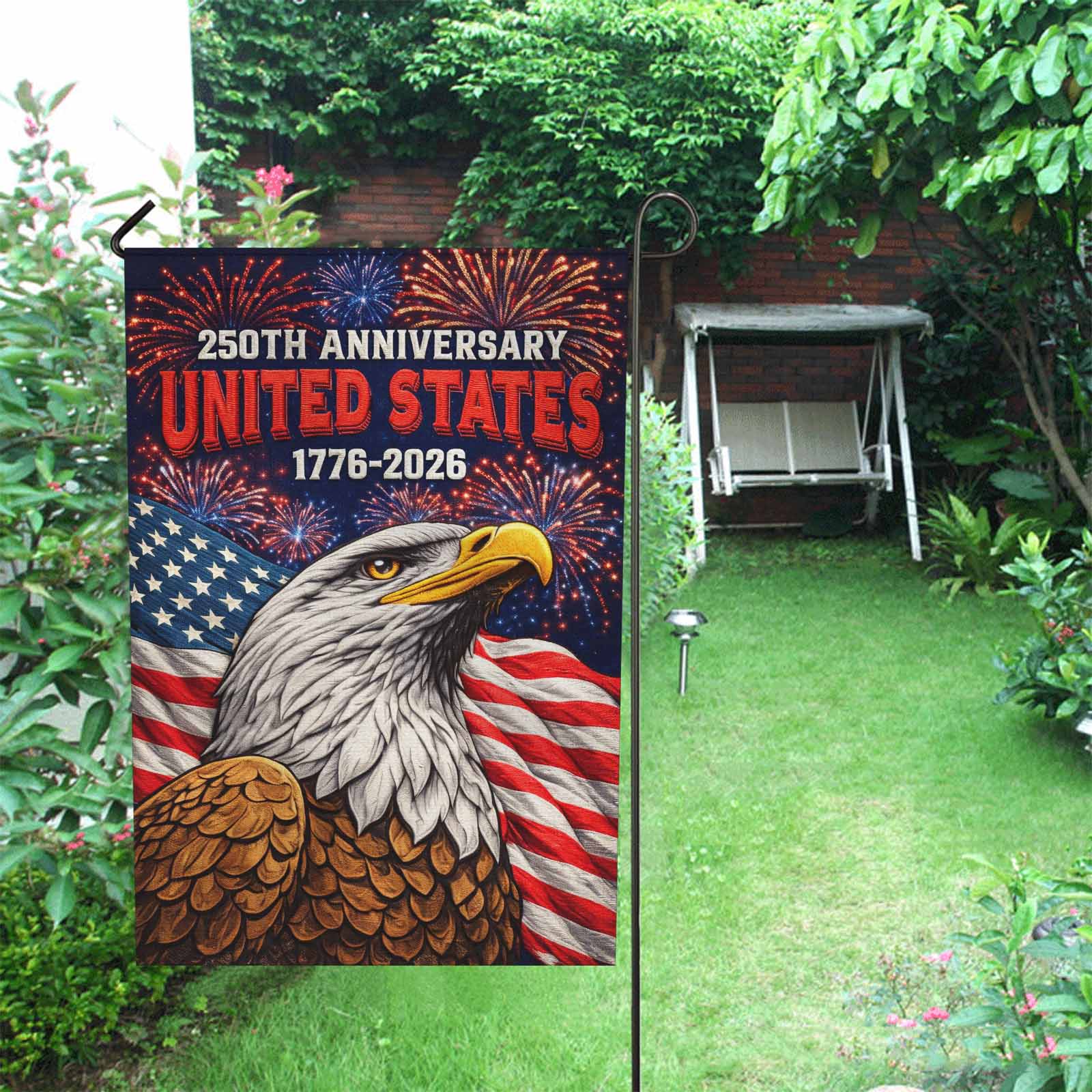 USA 250 Garden Flag Patriotic Eagle Independence Fireworks 1776-2026 Decor