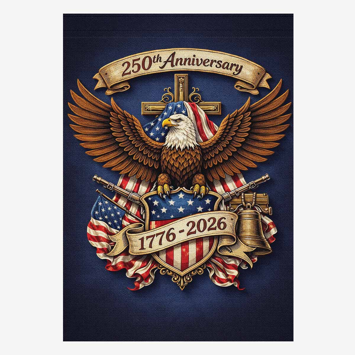 America 250 House Flag Patriotic Eagle Liberty Bell Cross 1776-2026 Anniversary