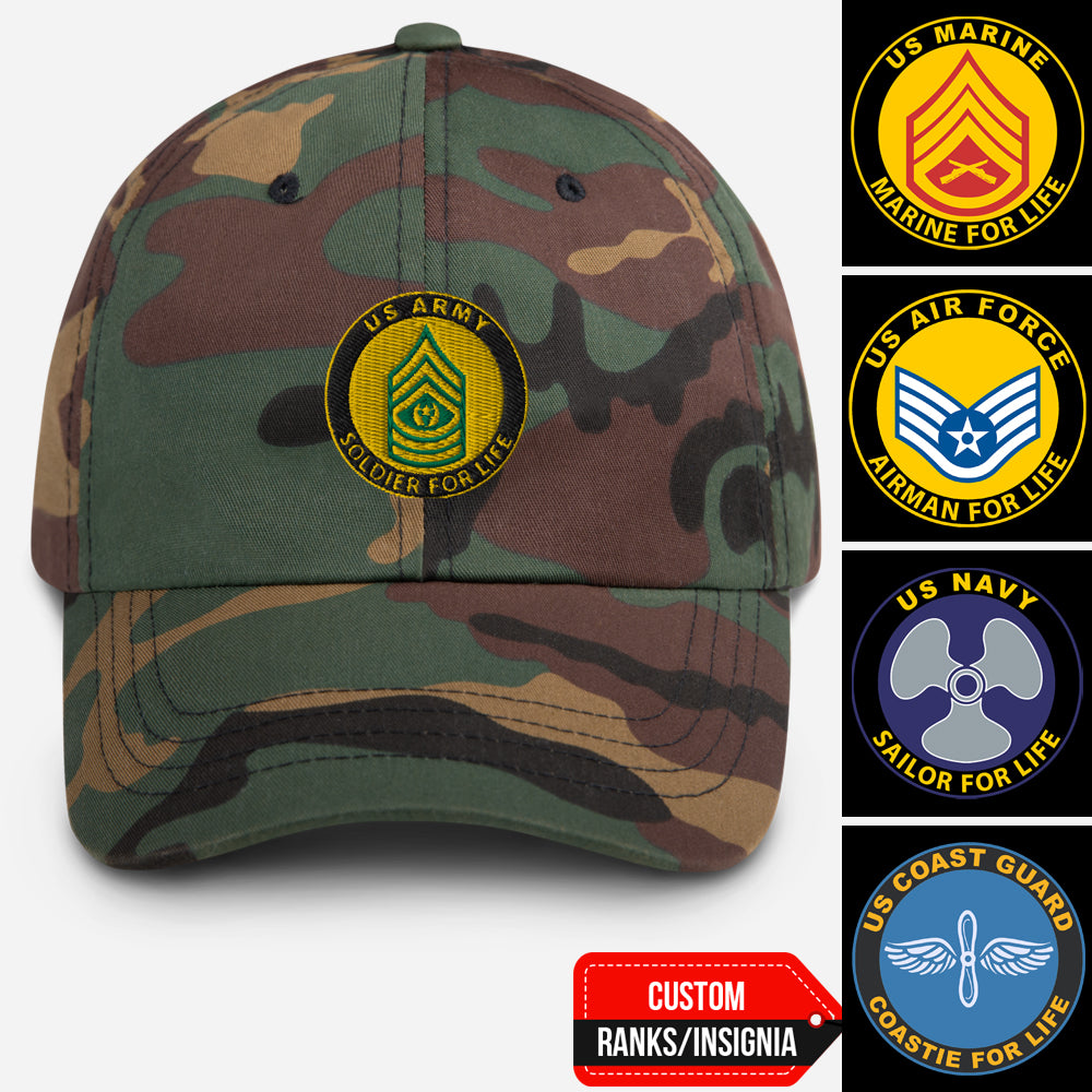 US Military Soldier, Sailor, Airman For Life Custom Ranks/Insignia Embroidered Dad Hat