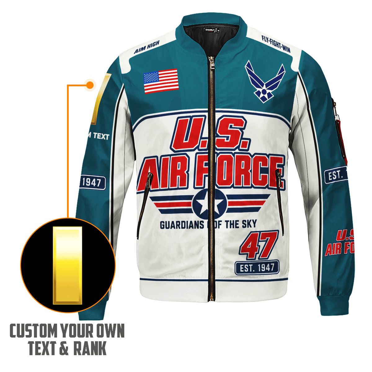Personalized U.S. Air Force Bomber Jacket Custom Veteran Rank Service Text