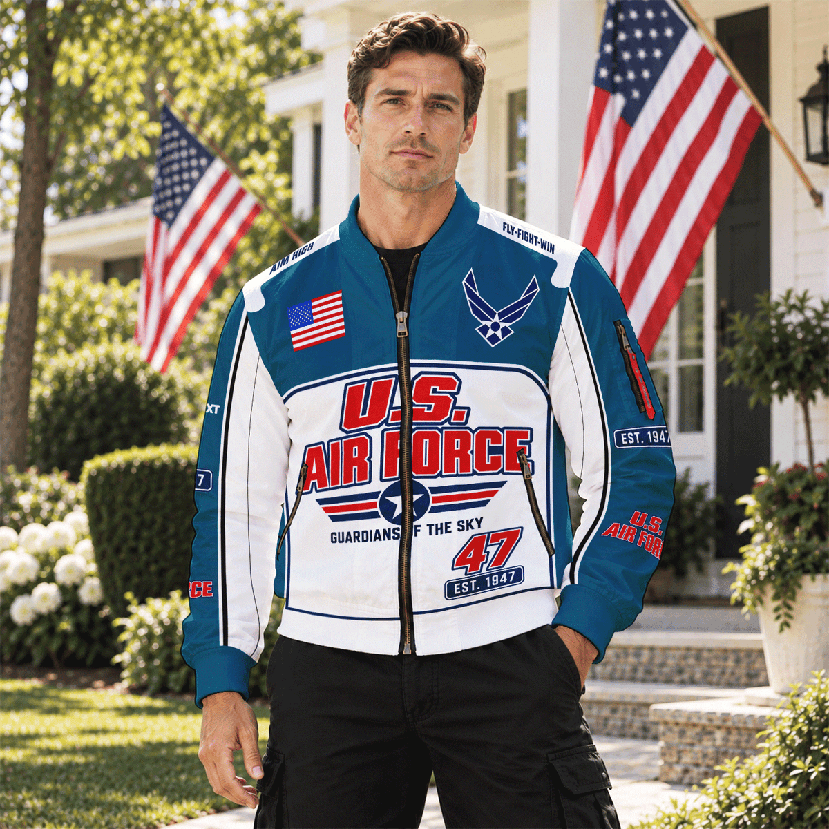 Personalized U.S. Air Force Bomber Jacket Custom Veteran Rank Service Text