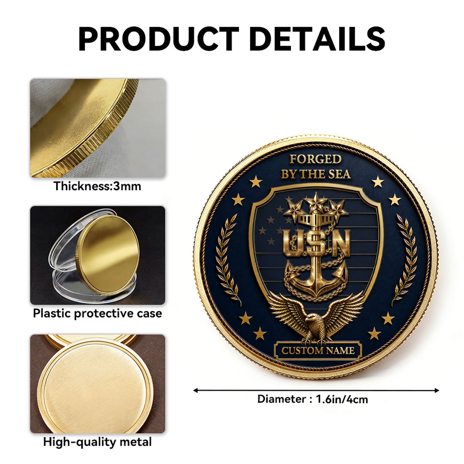 US Navy Officer Rank Personalized Text 3D Challenge Coin