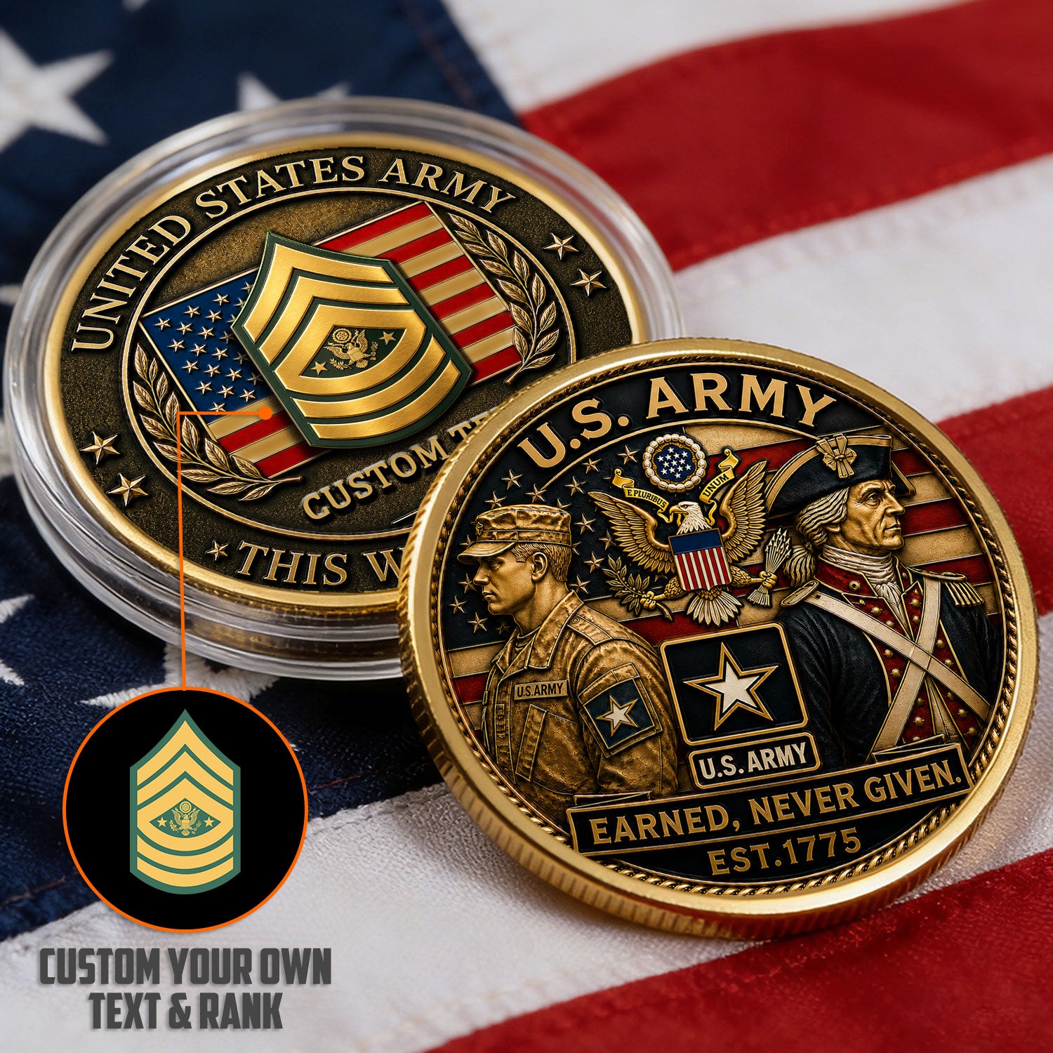 US Army Custom Rank and Message 3D Challenge Coin Gift