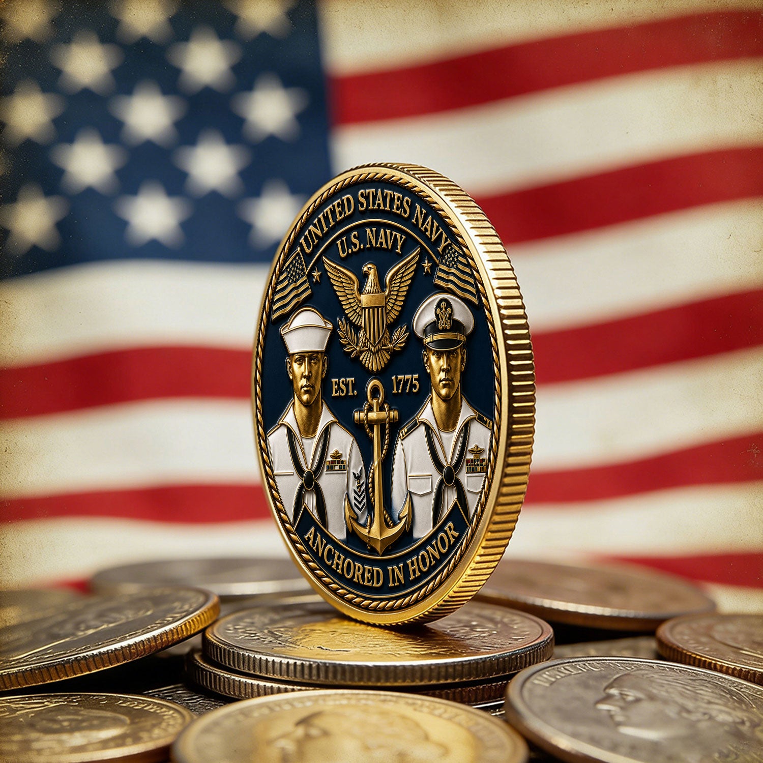Personalized US Navy Insignia Text 3D Challenge Coin