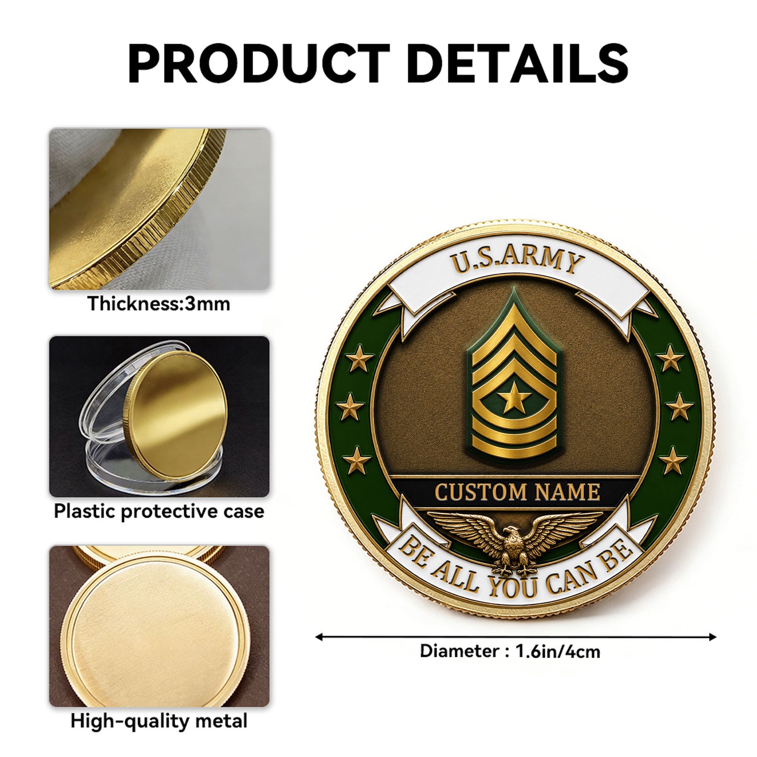 Custom US Army Service Rank 3D Challenge Coin With Name