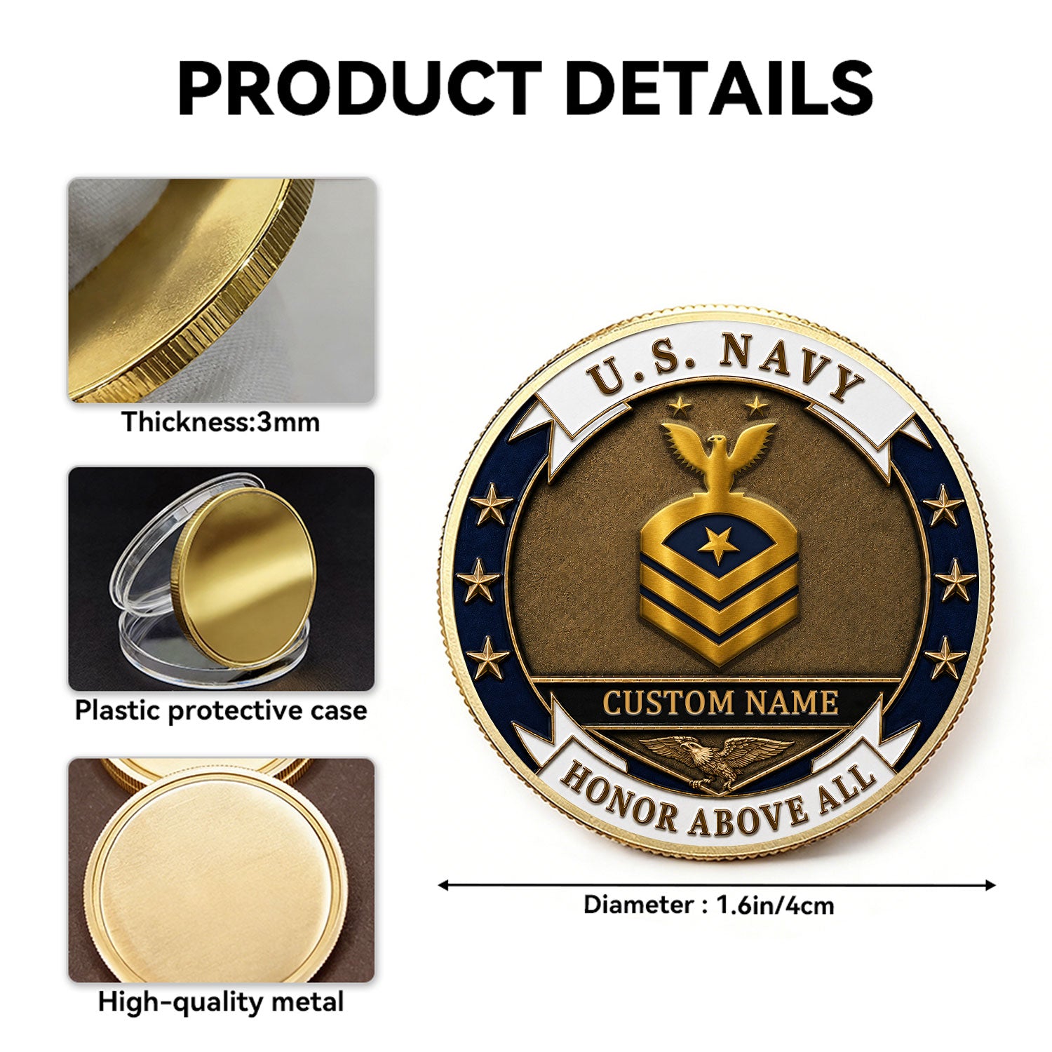 US Navy Personalized Rank Text 3D Challenge Coin Veteran Gift