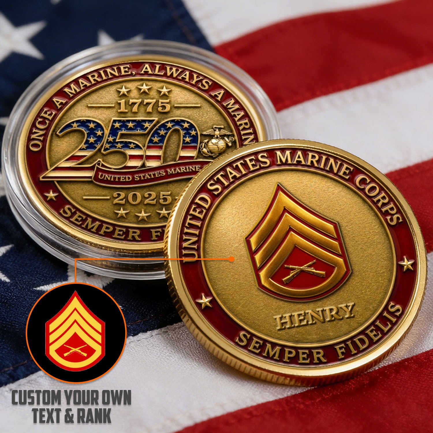 Personalized U.S. MARlNES 250th Anniversary Rank Challenge Coin