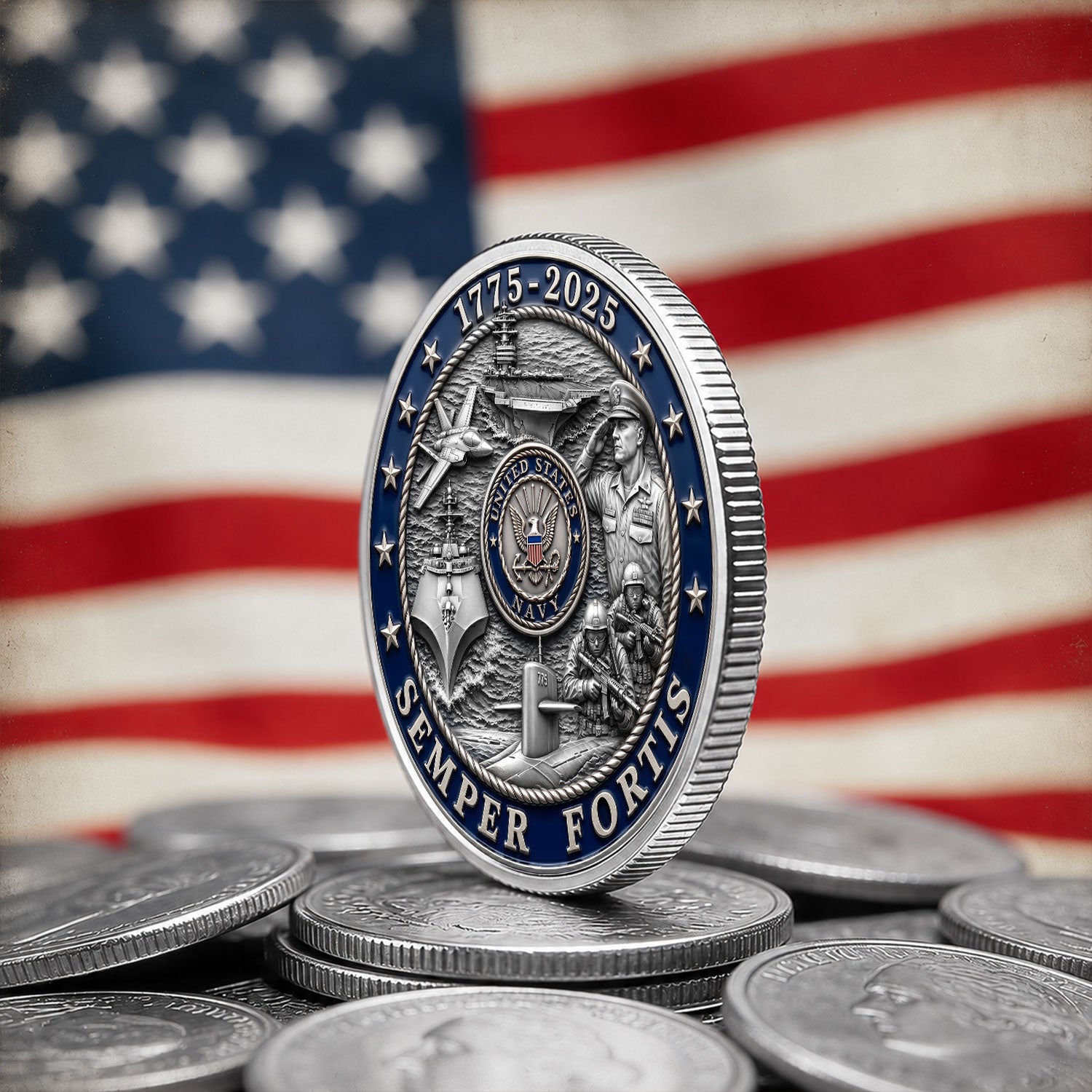 America 250 Custom Navy Rank & Name Personalized 3D Challenge Coin