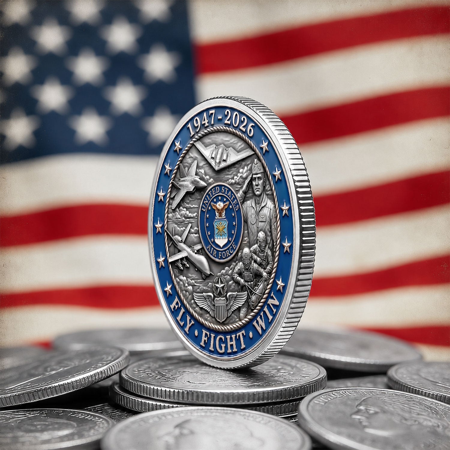USA 250 Air Force Veteran Custom Text Rank Military 3D Challenge Coin