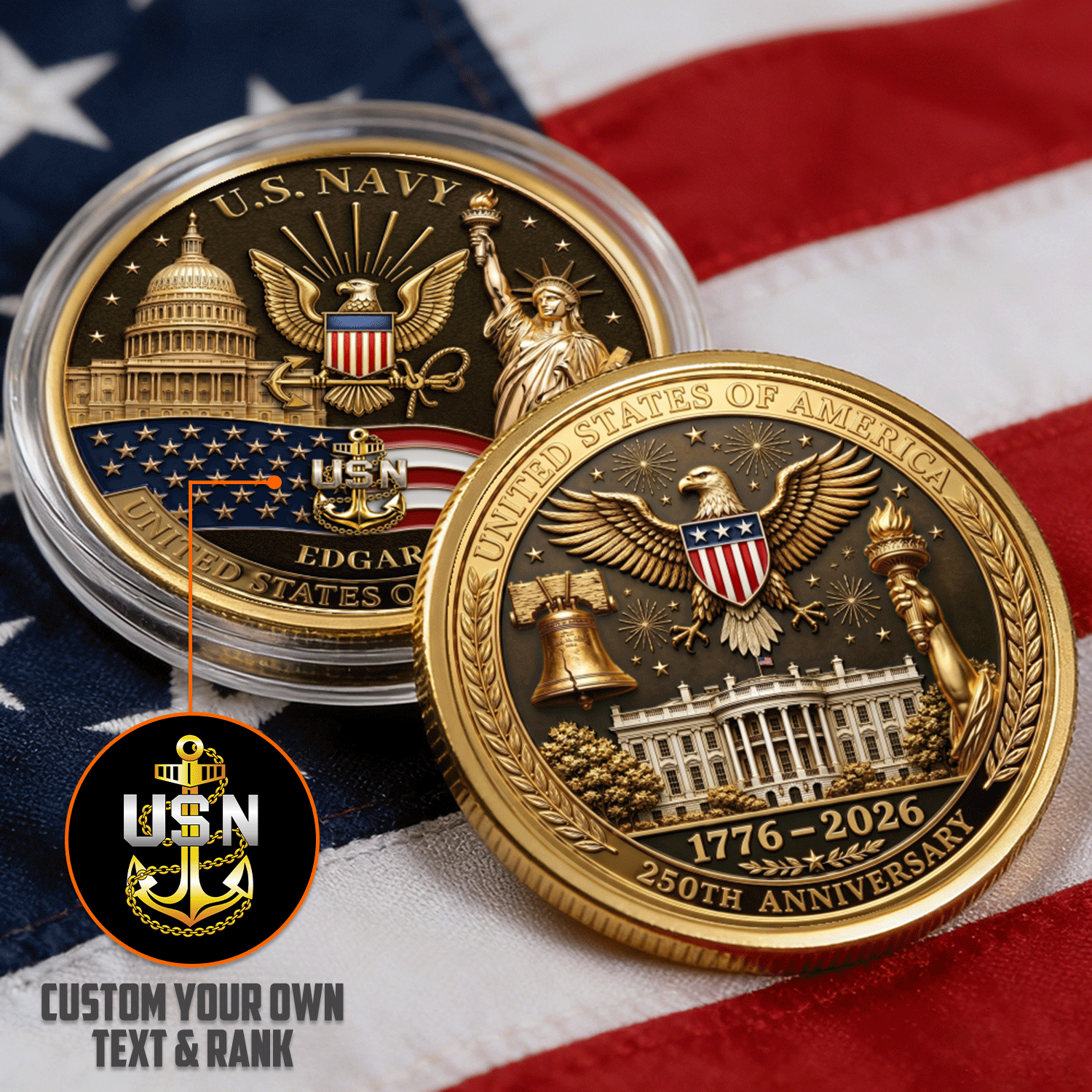US Navy Veteran Personalized Rank Name 3D Challenge Coin