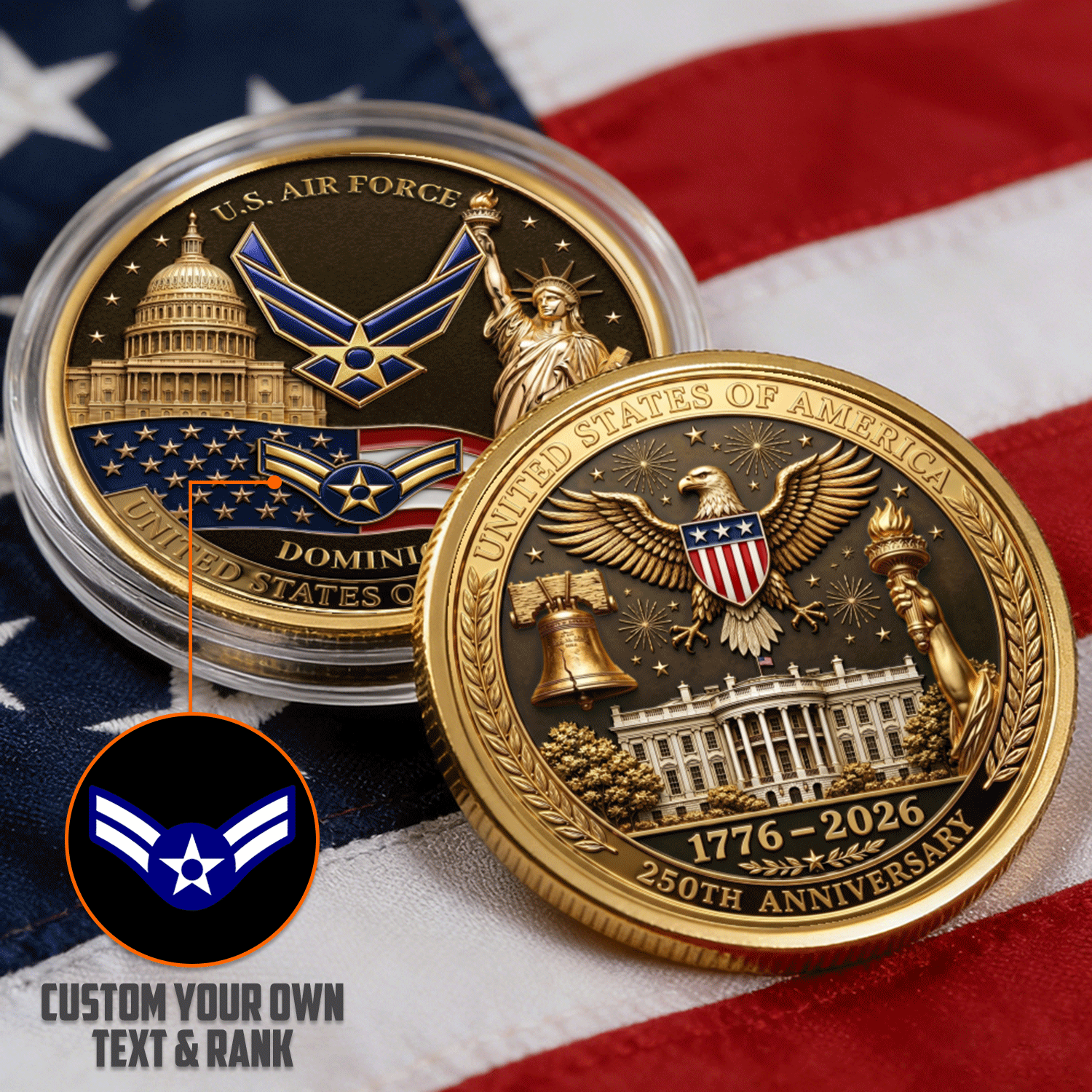 Custom USAF Rank USA 250 Years 3D Challenge Coin Gift