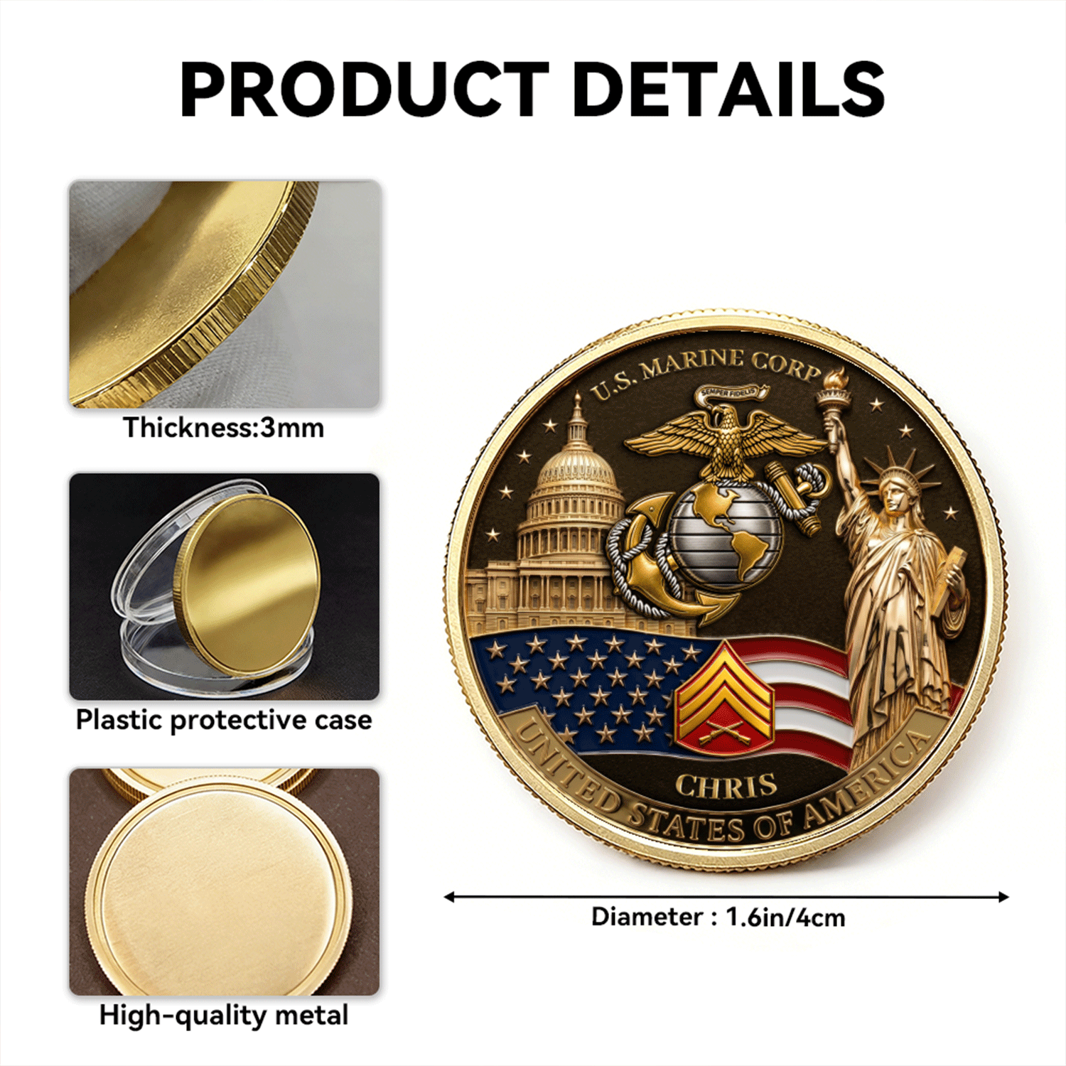 USA 250 USMC Military Rank Personalized 3D Challenge Coin