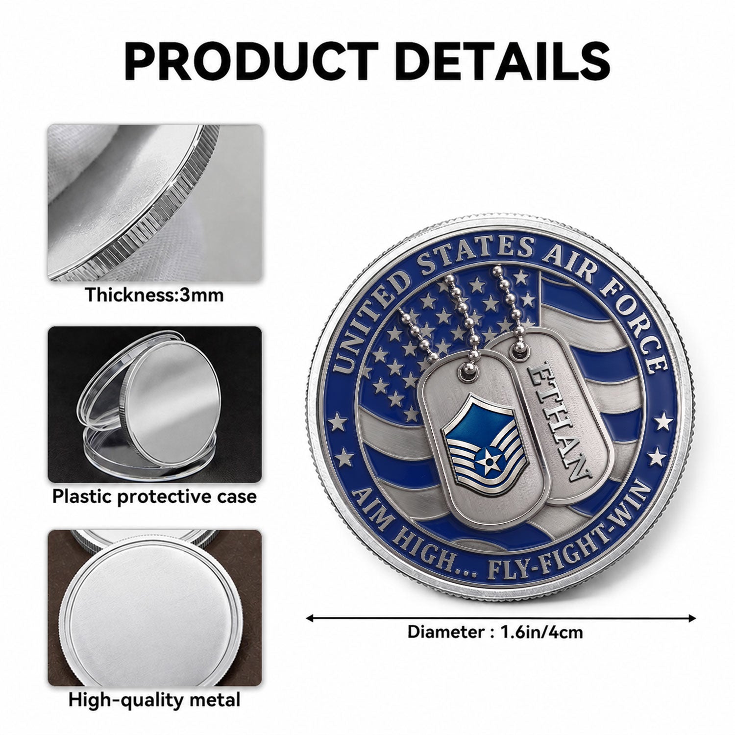 USAF Service Member Rank Text 3D Challenge Coin Keepsake