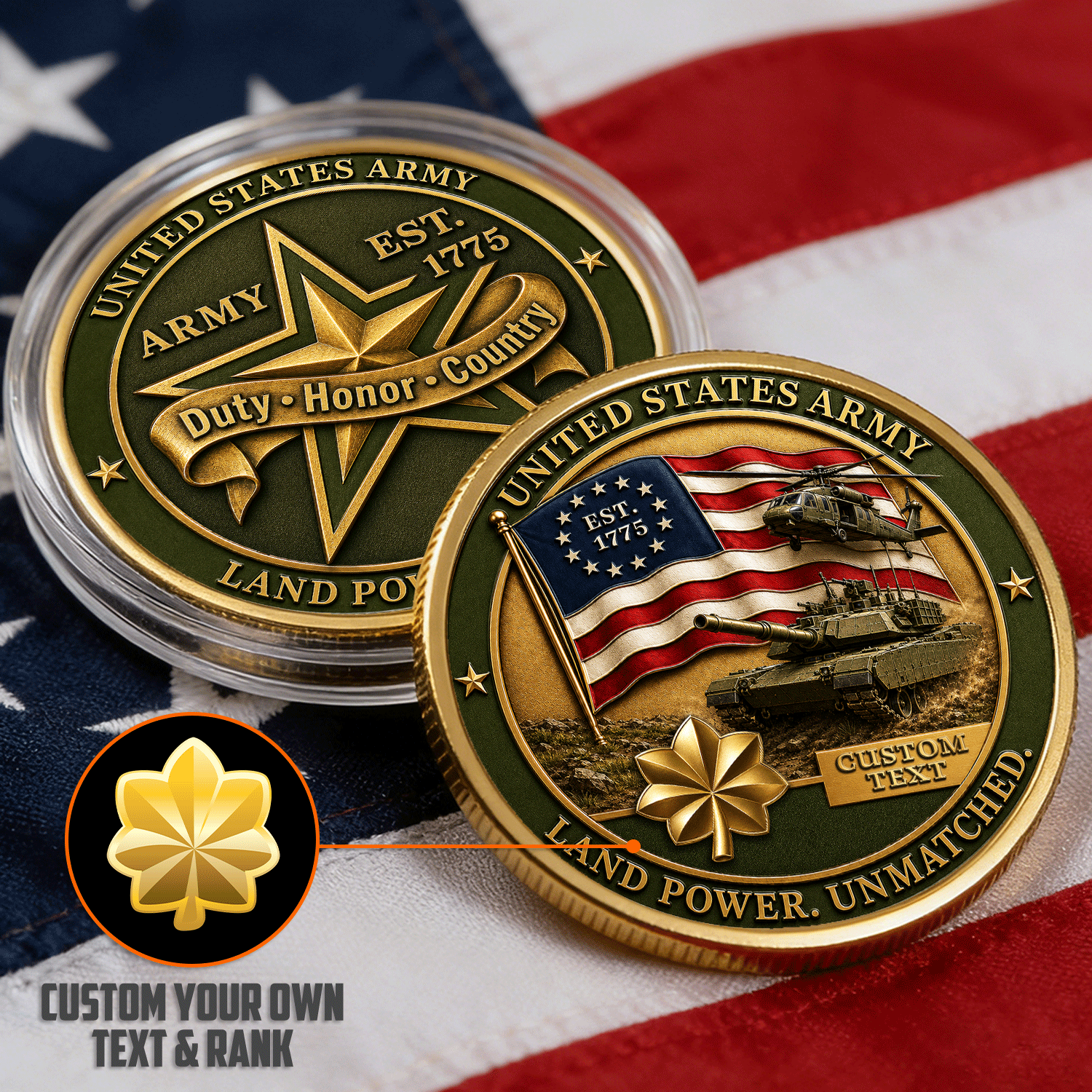 Custom US Army Rank 3D Challenge Coin Keepsake