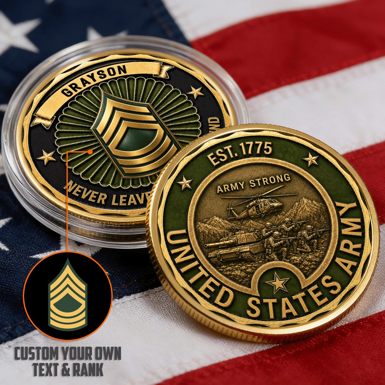 Custom Army Service Member Rank 3D Challenge Coin Gift