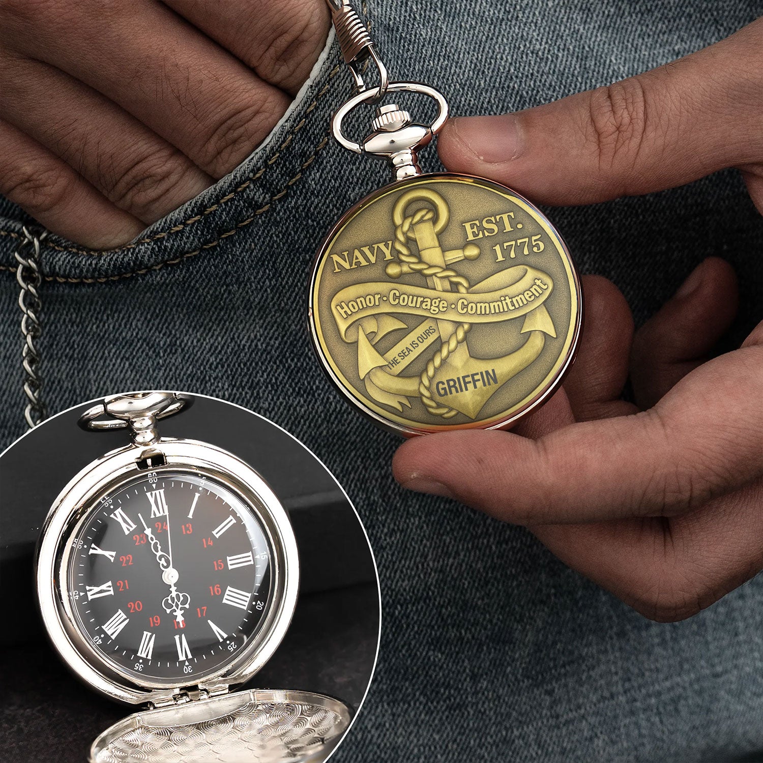 Personalized US Navy Honor - Courage - Commitment Custom 3D Effect Printed Pocket Watch