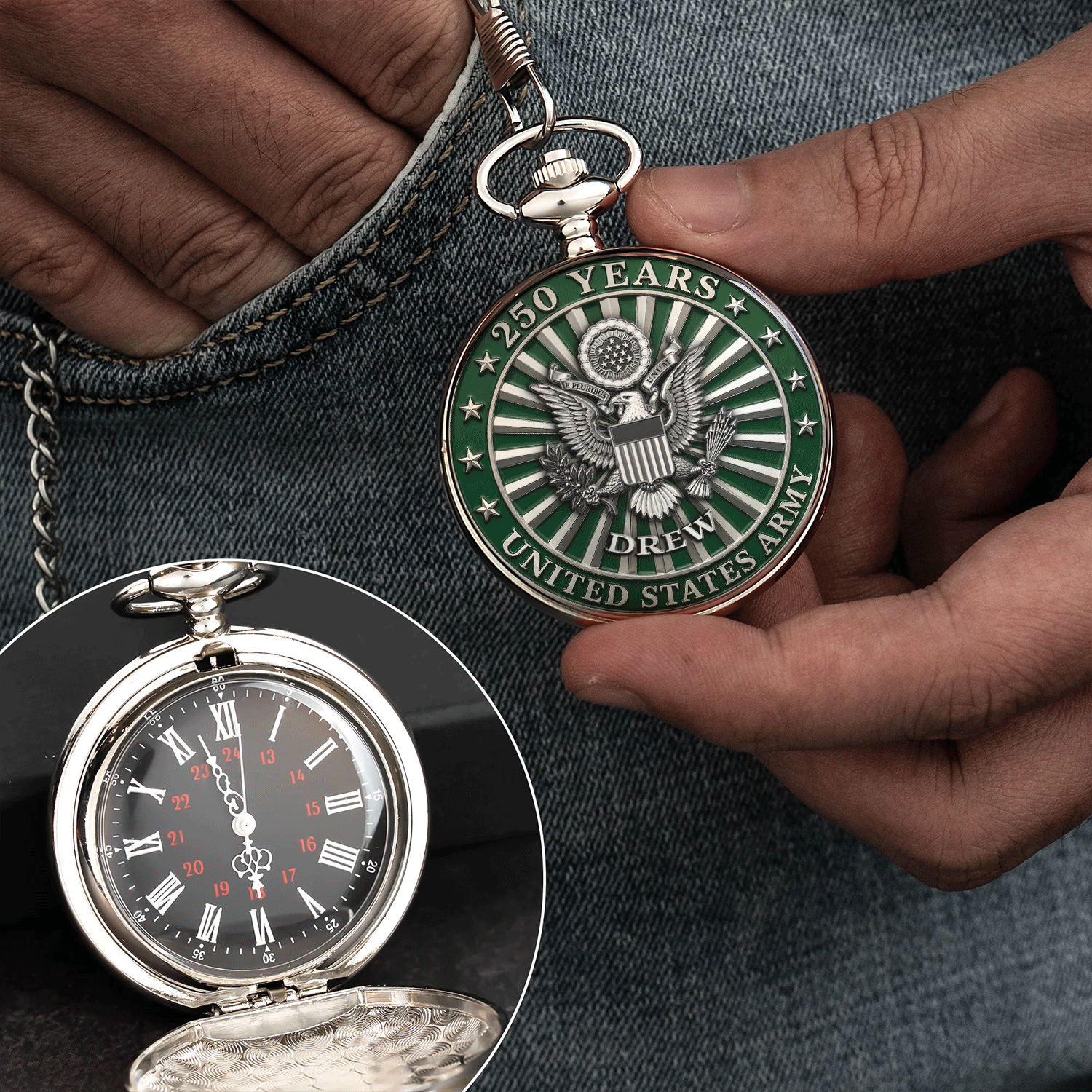 US Army Custom Rank Name Pocket Watch Collectible Gift
