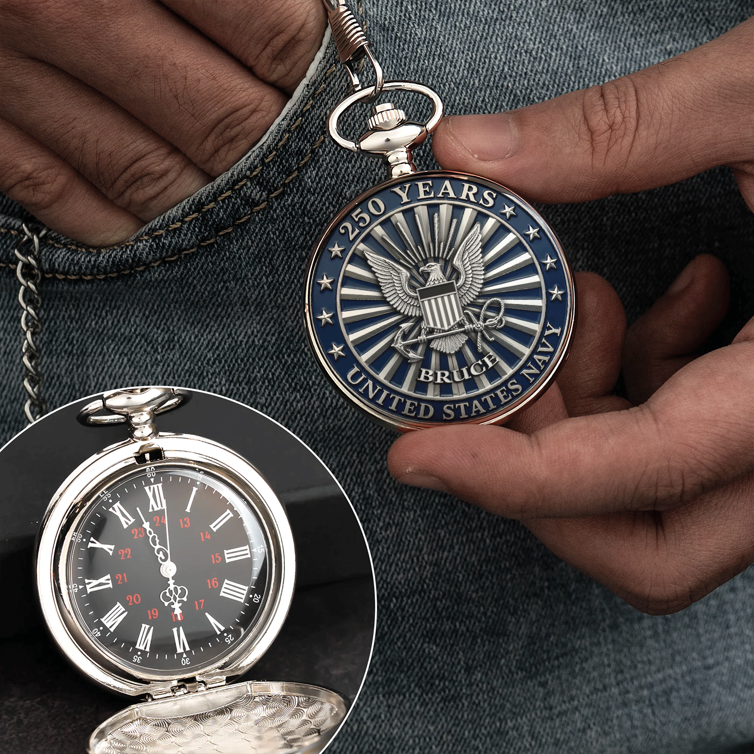US Navy Veteran Gift Pocket Watch Custom Rank and Name