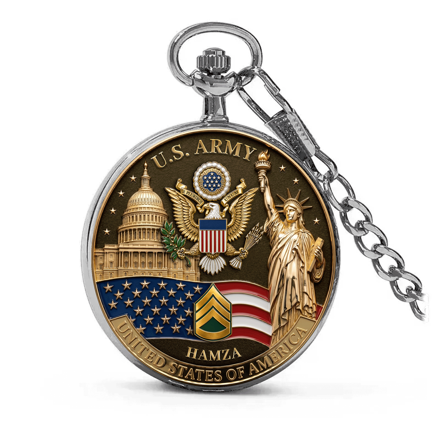 Personalized Army Rank Pocket Watch Patriotic Veteran Gift