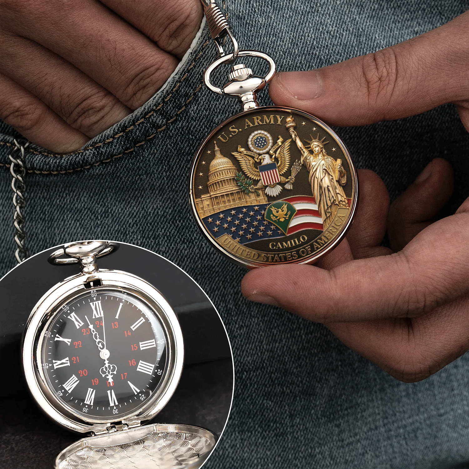 Personalized Army Rank Pocket Watch Patriotic Veteran Gift
