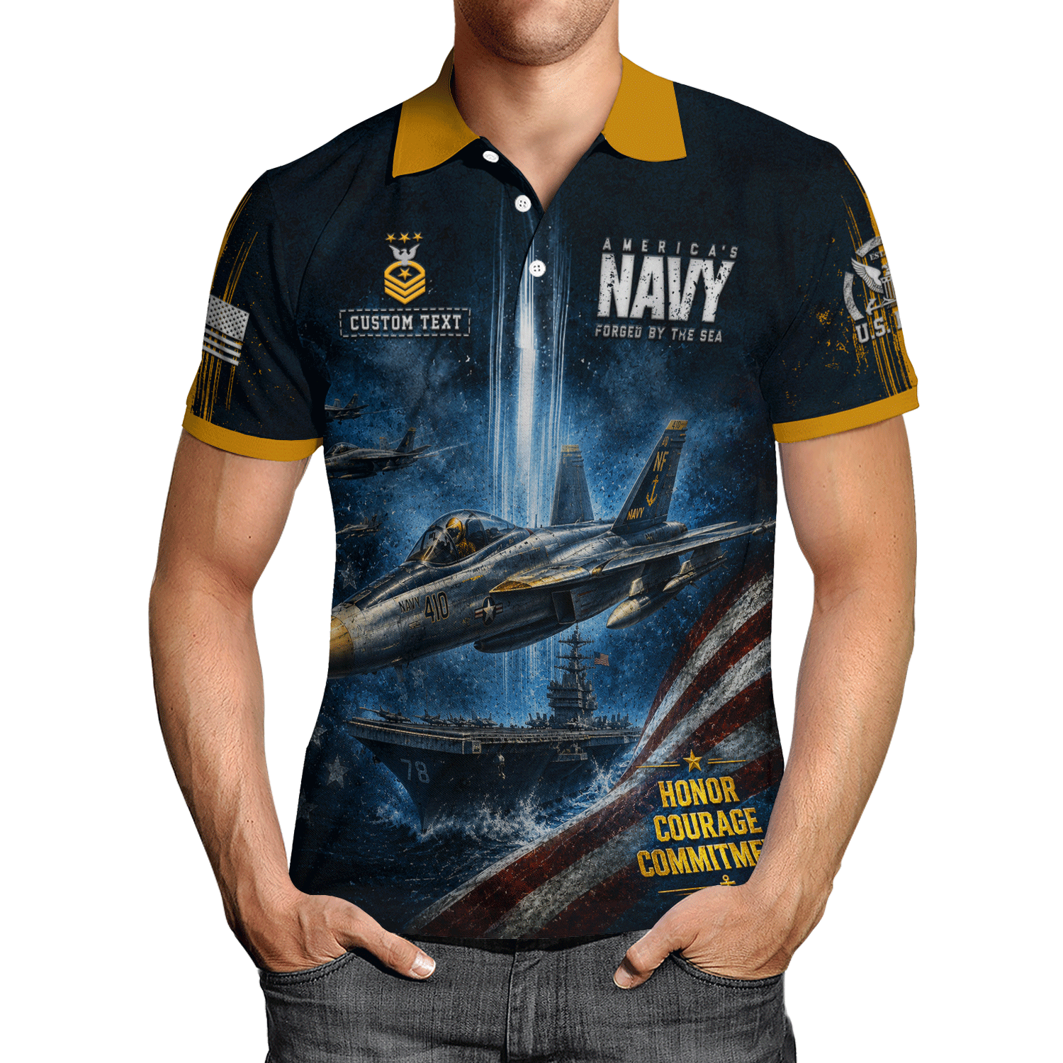 Custom US Navy Name Rank 3D Polo Shirt for Veterans